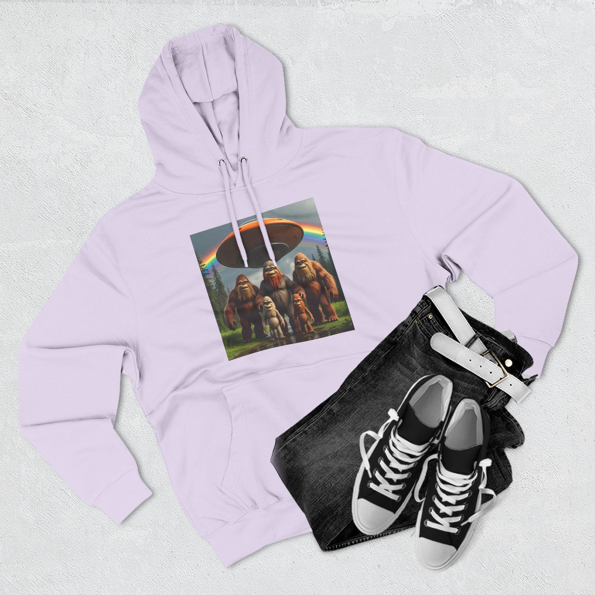 Sasquatch Family Rainbow Hoodie — Retro Bigfoot Graphic Pullover