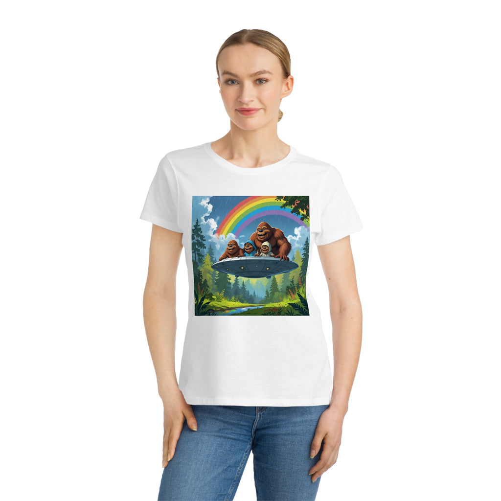 Whimsical Bigfoot Adventure T-Shirt, Fun Women's Tee, Summer Fashion, Hiking Gift, Rainbow Art Tee, Casual Wear, Nature Lover Shirt