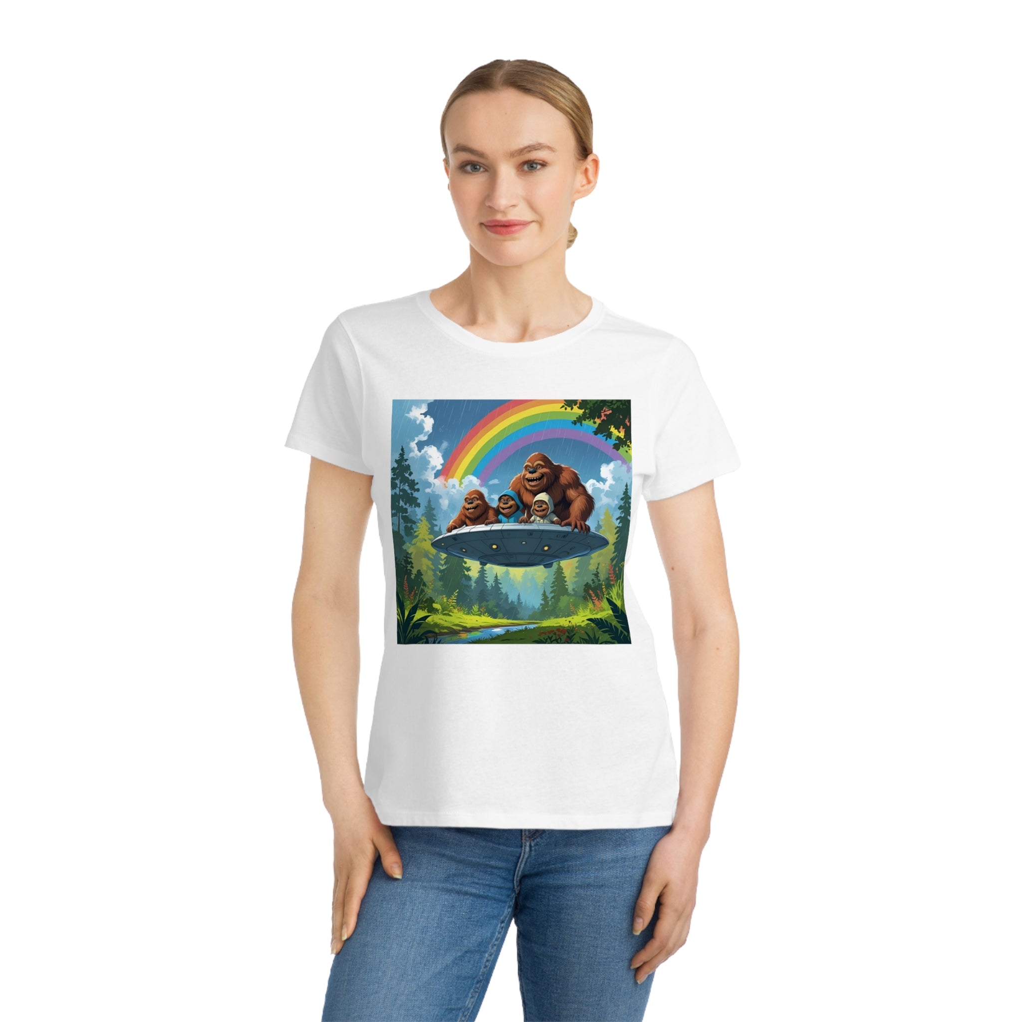 Whimsical Bigfoot Adventure T-Shirt, Fun Women's Tee, Summer Fashion, Hiking Gift, Rainbow Art Tee, Casual Wear, Nature Lover Shirt