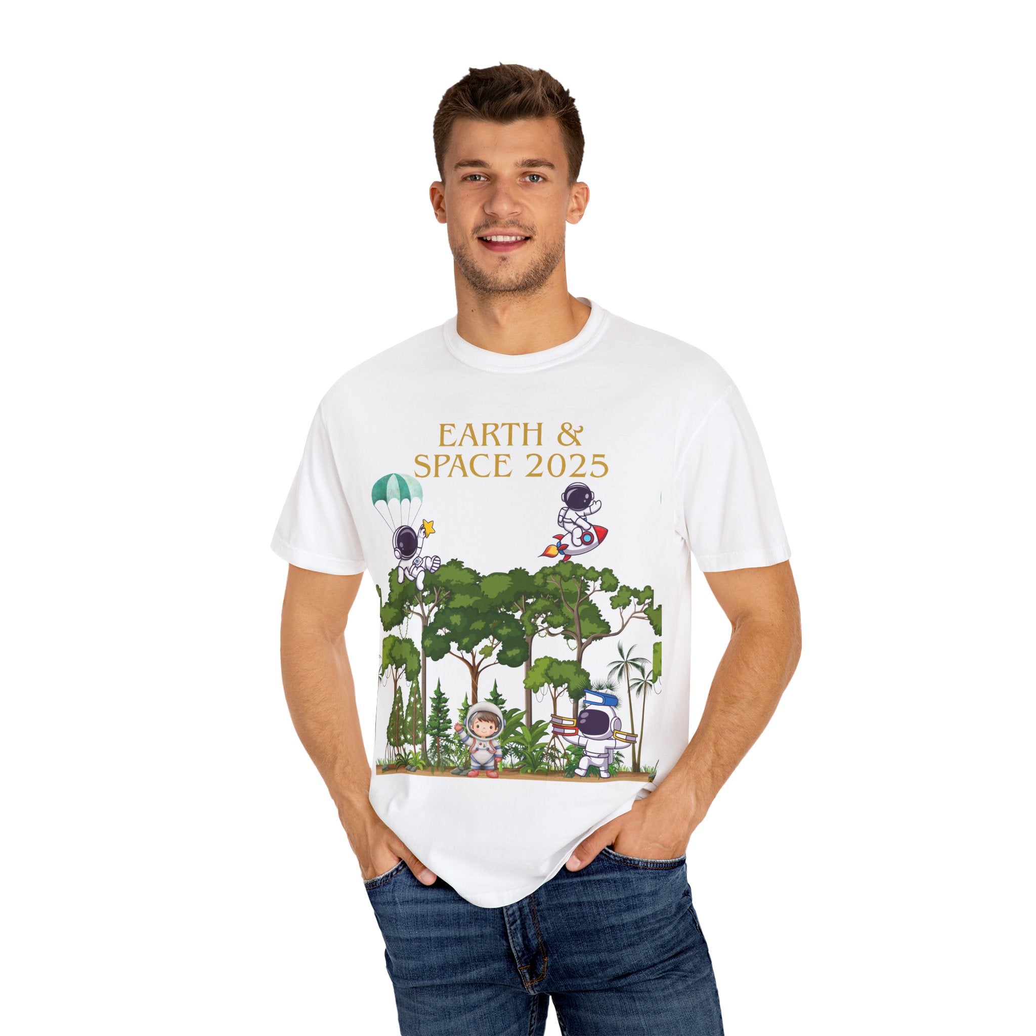 Earth & Space 2025 Unisex T-shirt, Cute Astronaut Tee, Nature Lover Shirt, Space Exploration Gift, Eco-Friendly Tee