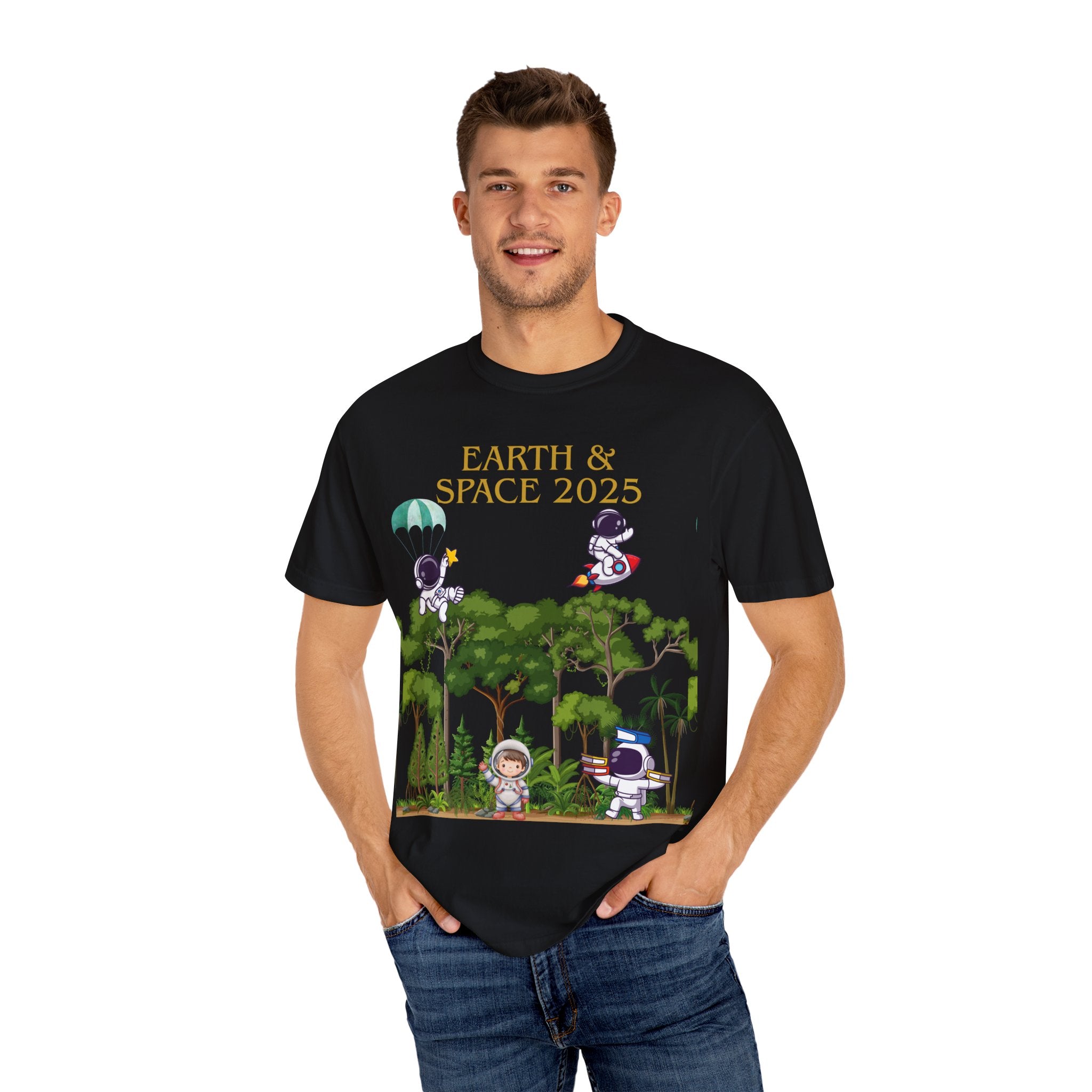Earth & Space 2025 Unisex T-shirt, Cute Astronaut Tee, Nature Lover Shirt, Space Exploration Gift, Eco-Friendly Tee