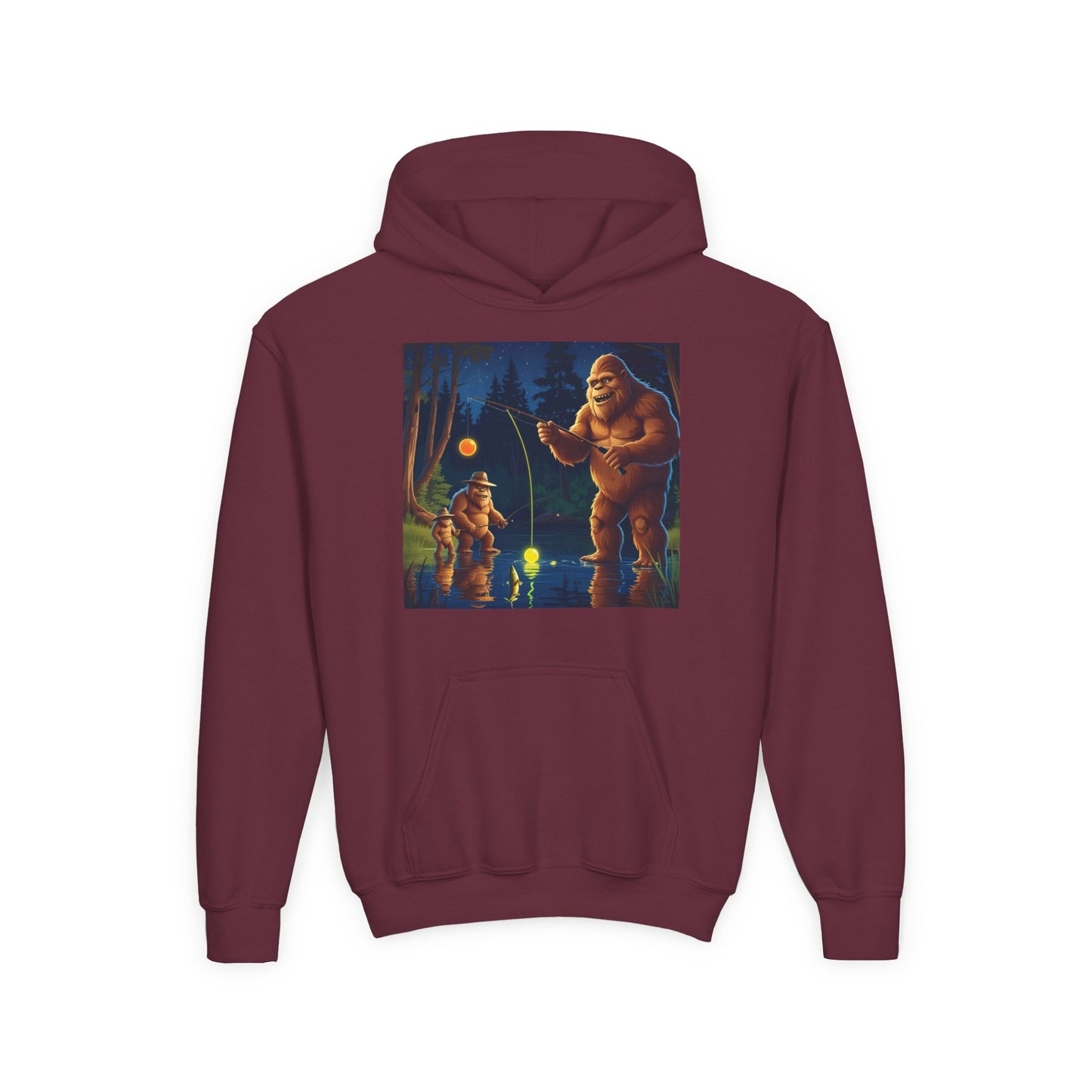 Bigfoot Fishing Youth Hoodie, Adventure Sweatshirt, Outdoor Fun, Gift for Kids, Bigfoot Lovers, Hooded Sweatshirt for Camping