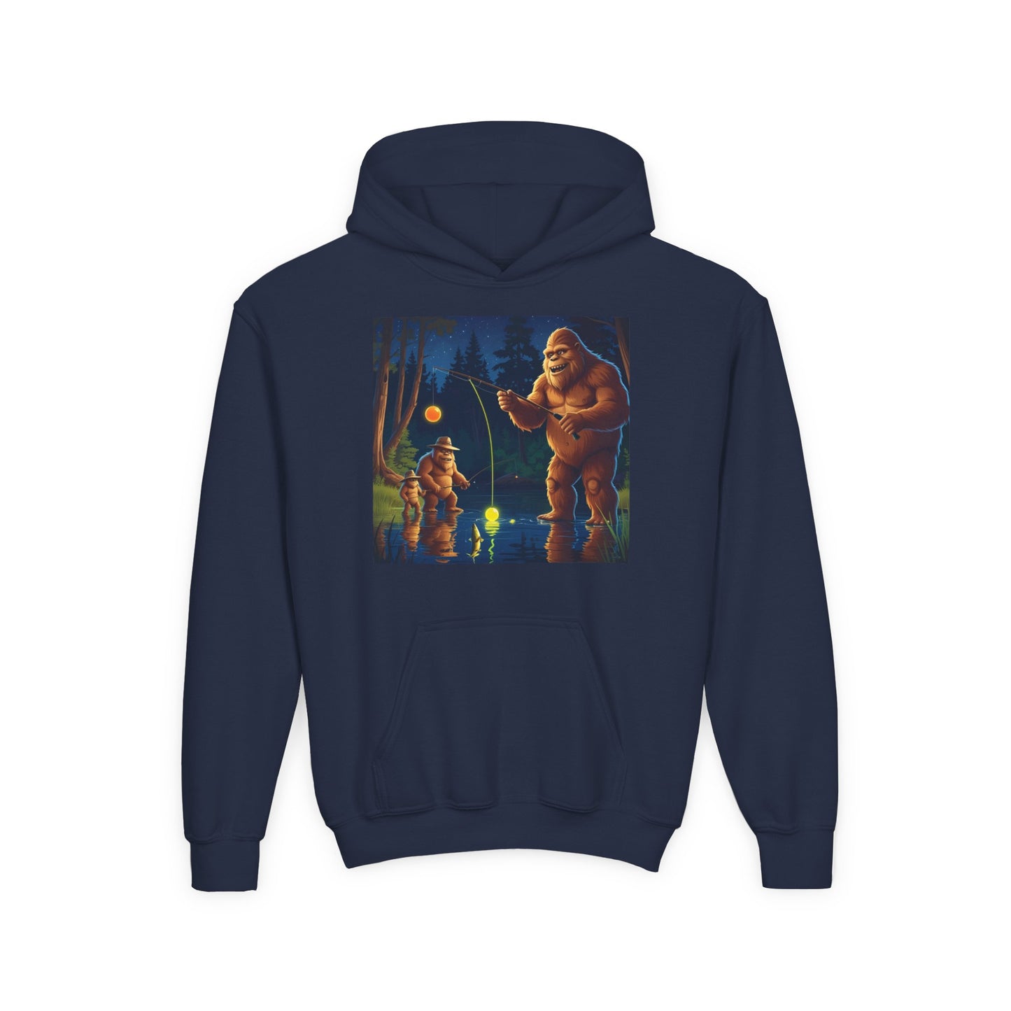 Bigfoot Fishing Youth Hoodie, Adventure Sweatshirt, Outdoor Fun, Gift for Kids, Bigfoot Lovers, Hooded Sweatshirt for Camping