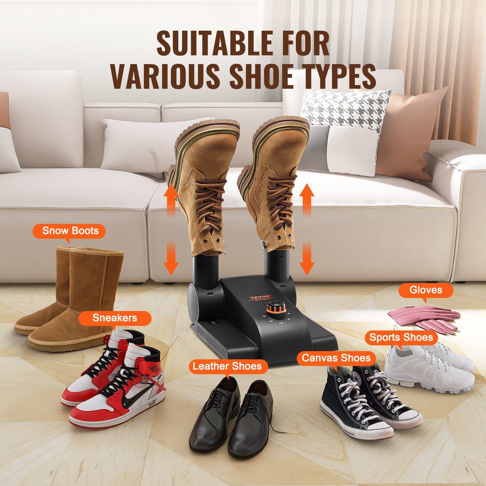 VEVOR Foldable 2 Tube Shoe Dryer Boot Dryer With Heat Blower Black & Orange,Ultra Silent, Quick Drying For Work Boots, Ski Boots, Sneakers, Gloves, Hats, Helmets