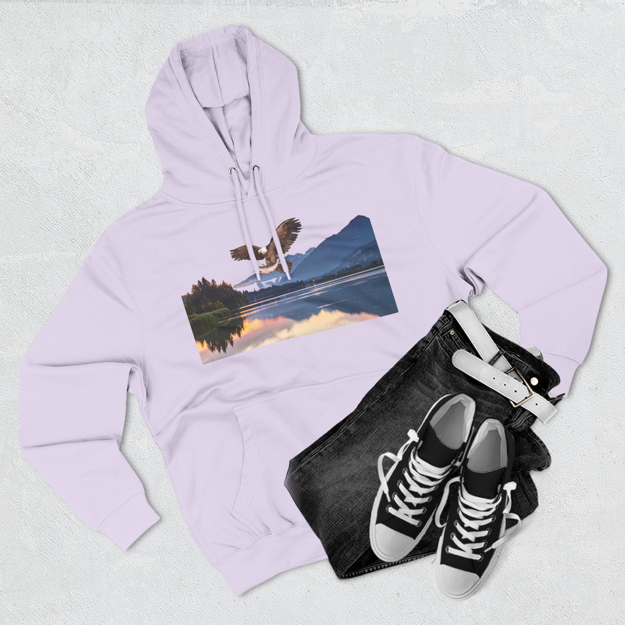 Sunset Lake Eagle Hoodie - Nature Landscape Fleece Pullover