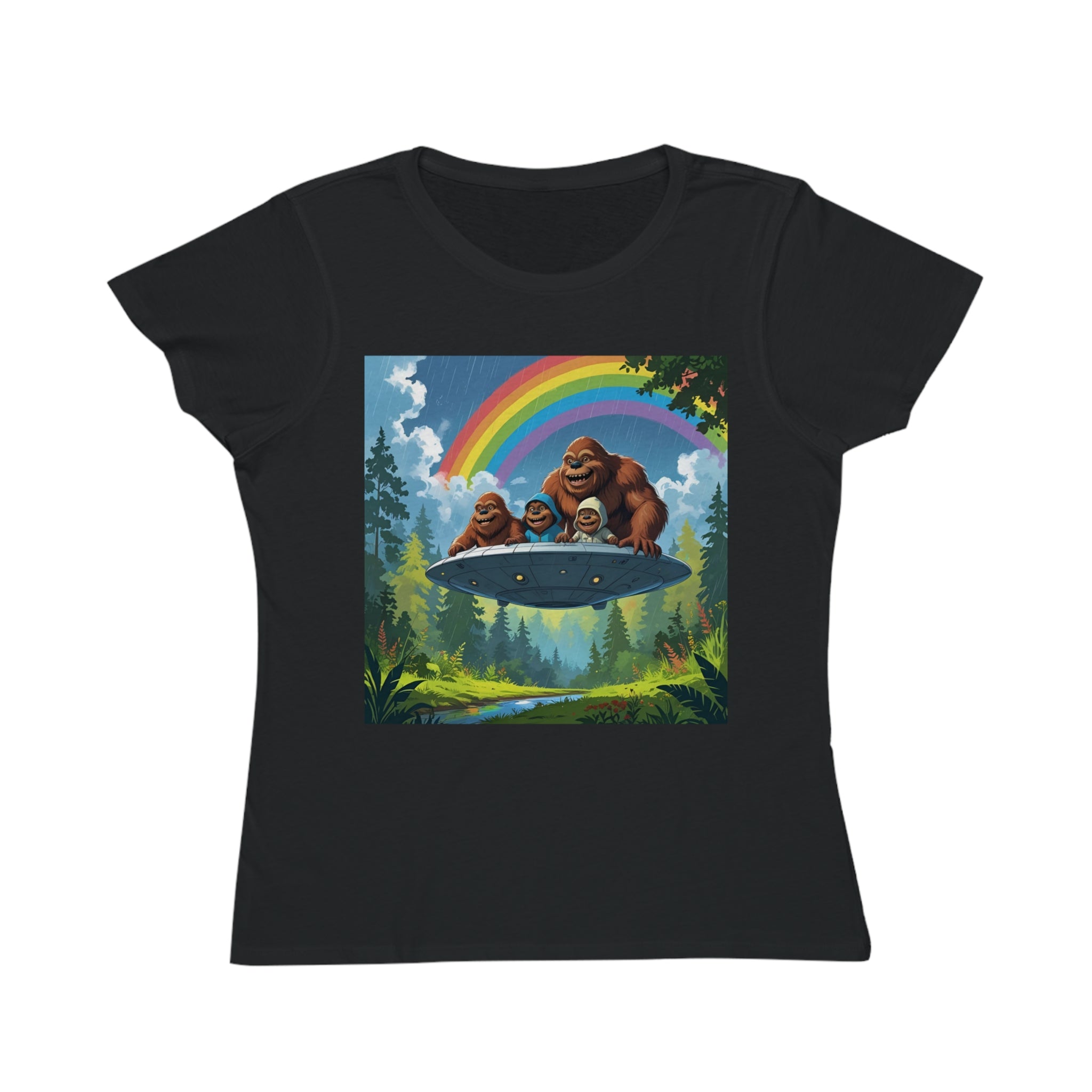 Whimsical Bigfoot Adventure T-Shirt, Fun Women's Tee, Summer Fashion, Hiking Gift, Rainbow Art Tee, Casual Wear, Nature Lover Shirt