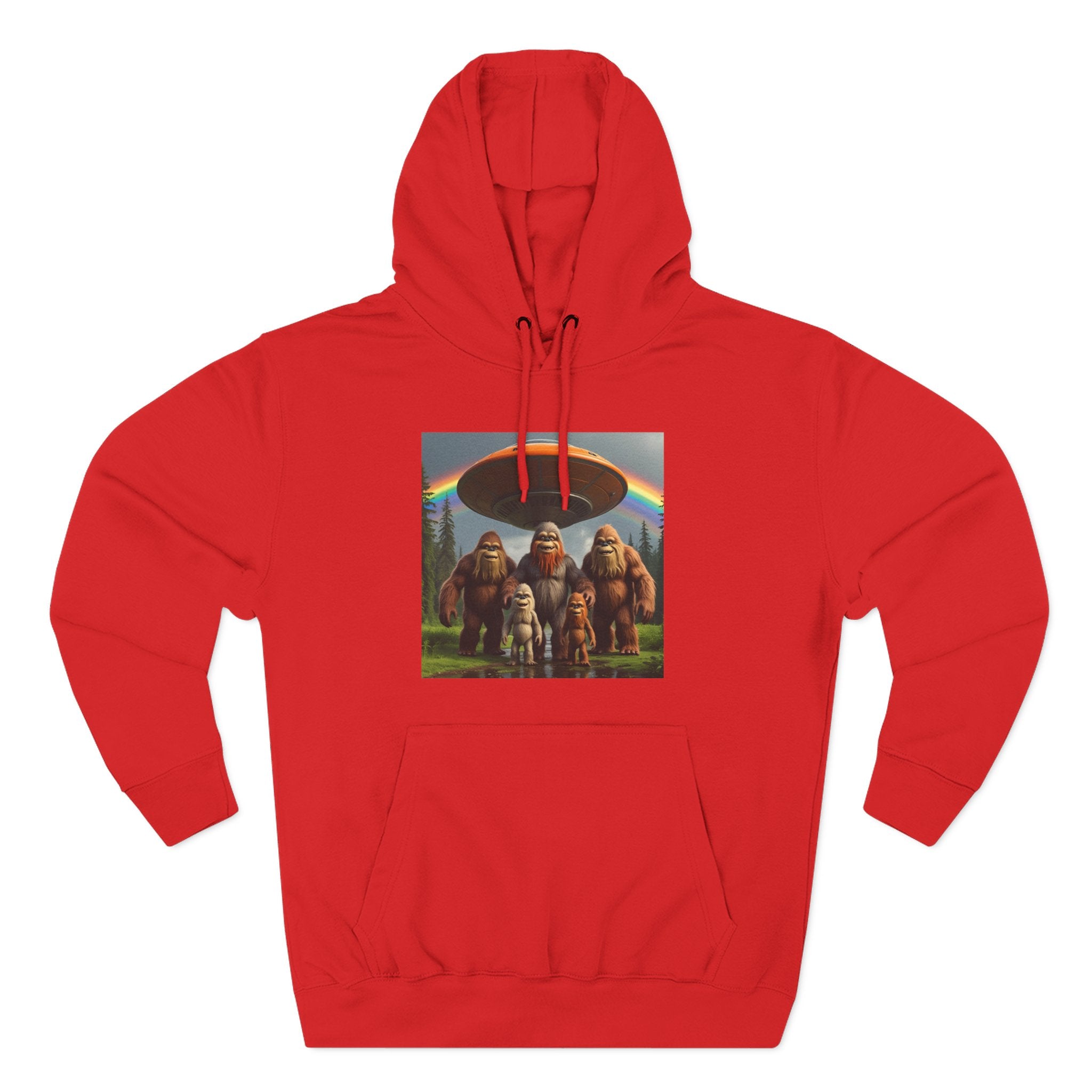 Sasquatch Family Rainbow Hoodie — Retro Bigfoot Graphic Pullover