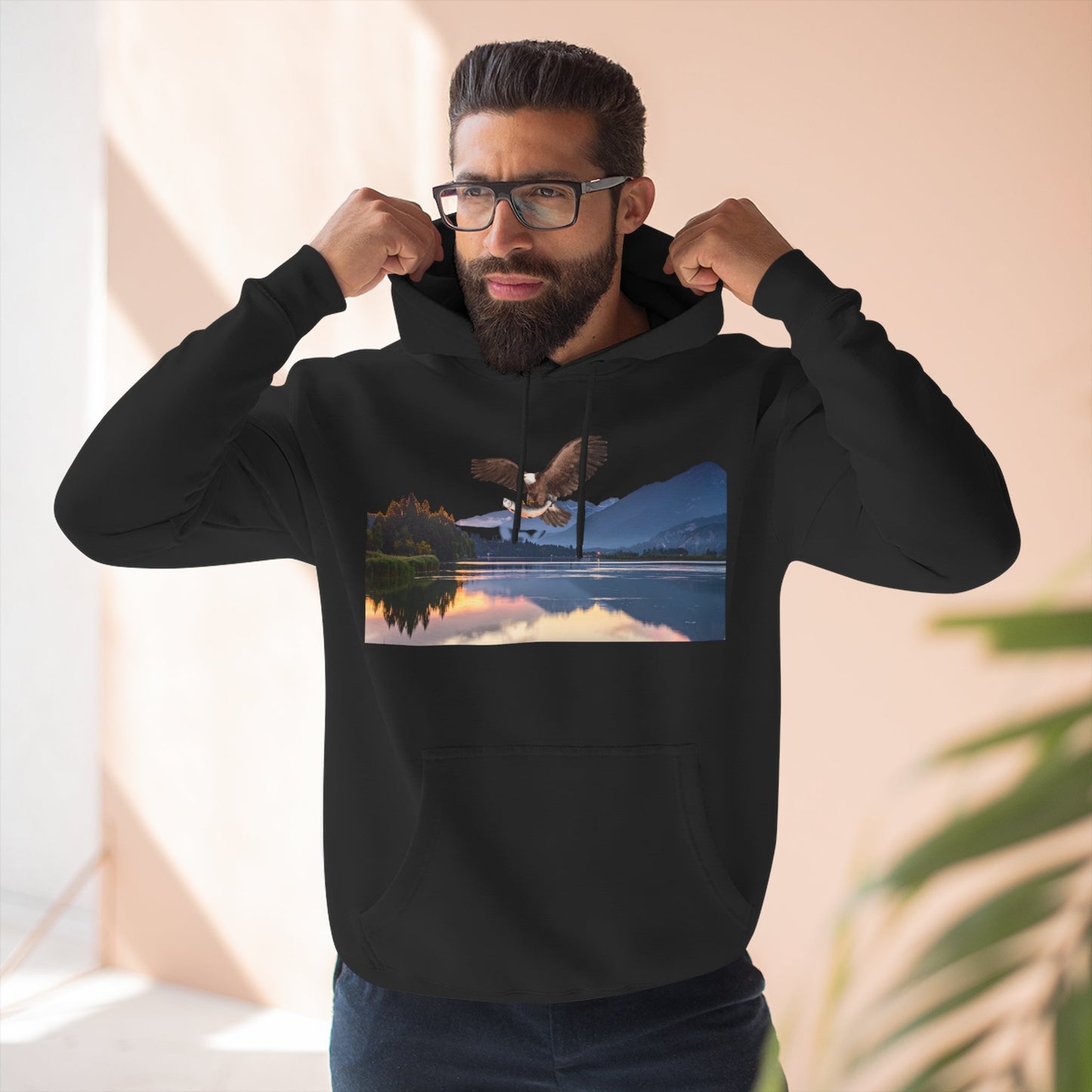 Sunset Lake Eagle Hoodie - Nature Landscape Fleece Pullover