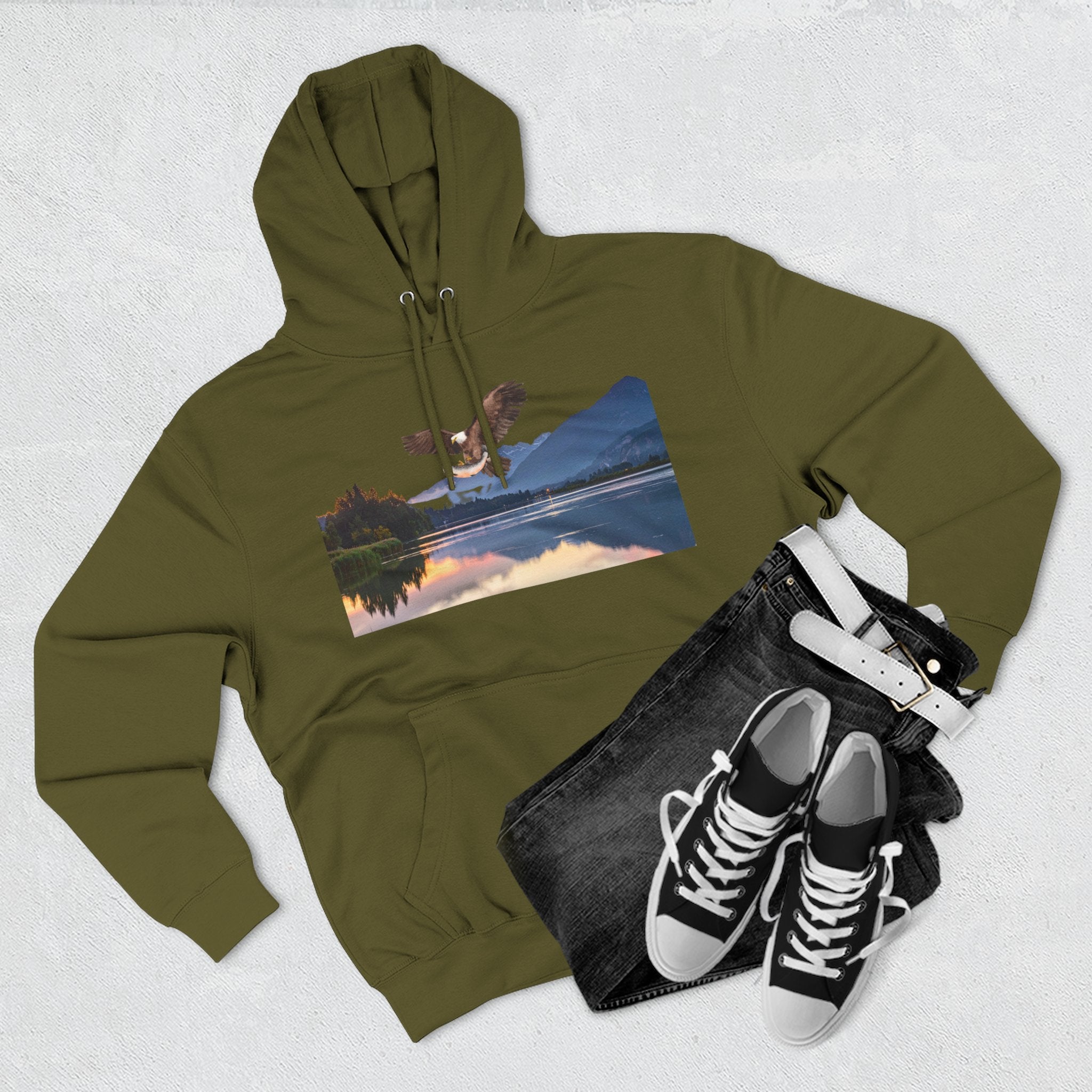 Sunset Lake Eagle Hoodie - Nature Landscape Fleece Pullover