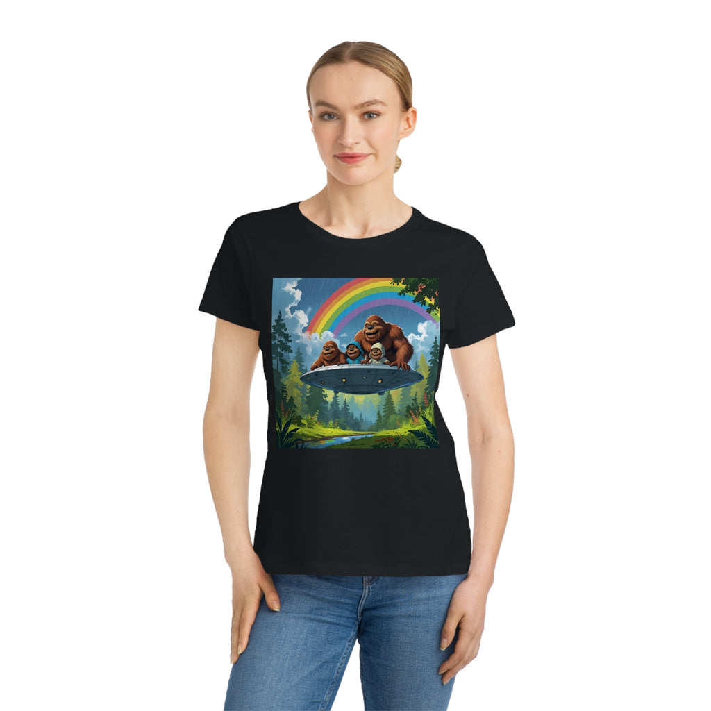 Whimsical Bigfoot Adventure T-Shirt, Fun Women's Tee, Summer Fashion, Hiking Gift, Rainbow Art Tee, Casual Wear, Nature Lover Shirt