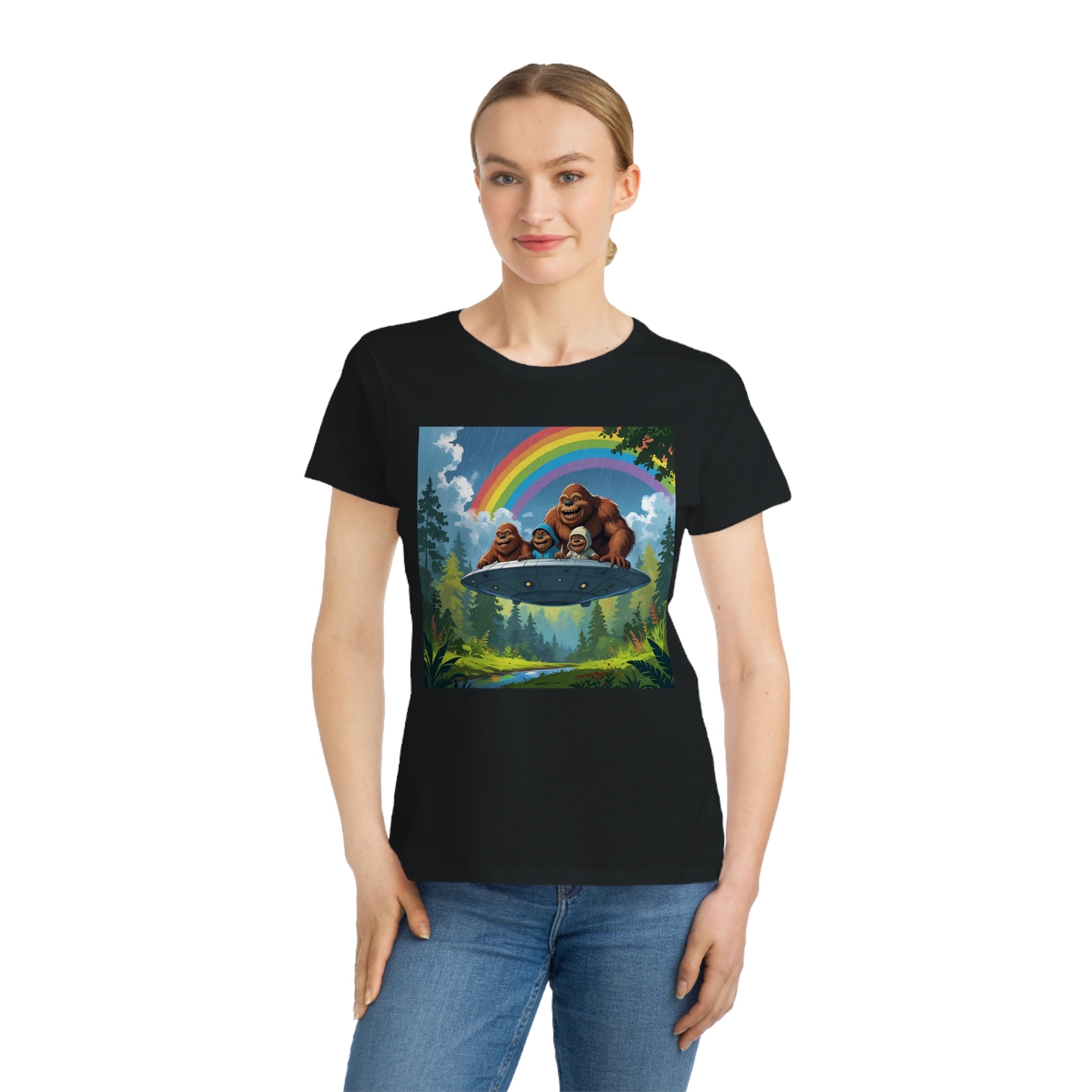 Whimsical Bigfoot Adventure T-Shirt, Fun Women's Tee, Summer Fashion, Hiking Gift, Rainbow Art Tee, Casual Wear, Nature Lover Shirt