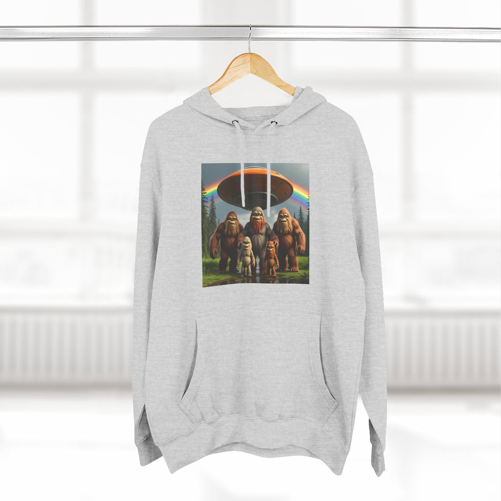 Sasquatch Family Rainbow Hoodie — Retro Bigfoot Graphic Pullover