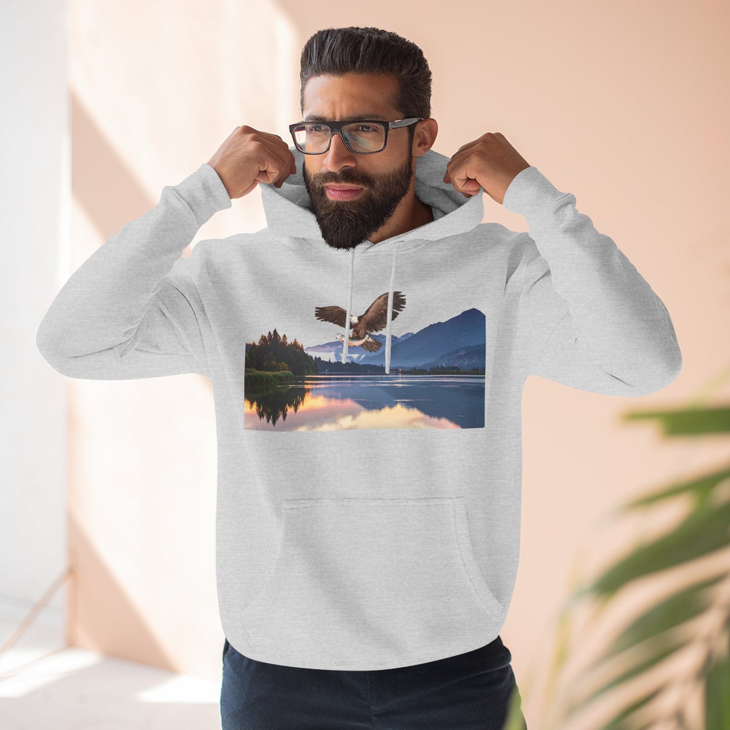 Sunset Lake Eagle Hoodie - Nature Landscape Fleece Pullover