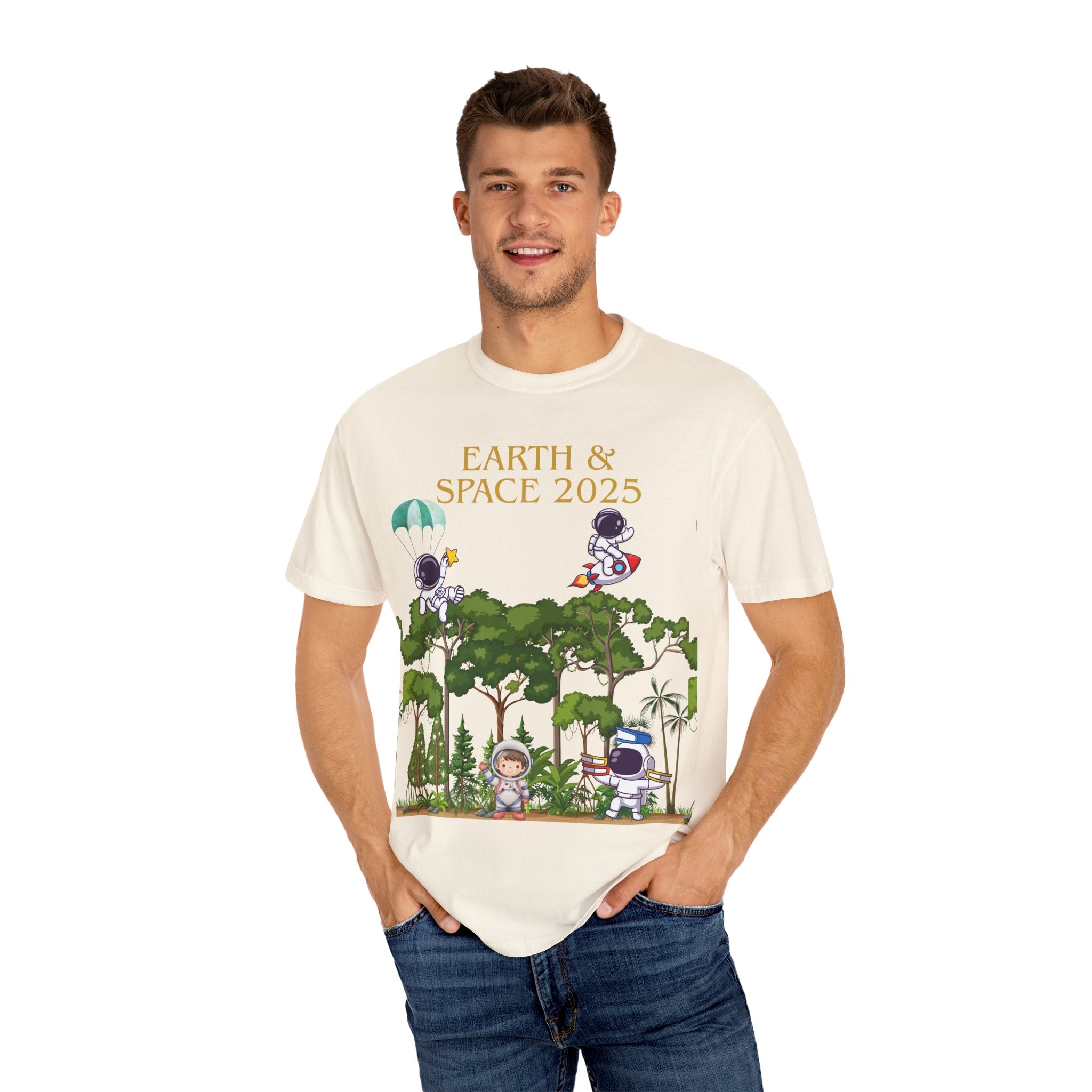Earth & Space 2025 Unisex T-shirt, Cute Astronaut Tee, Nature Lover Shirt, Space Exploration Gift, Eco-Friendly Tee