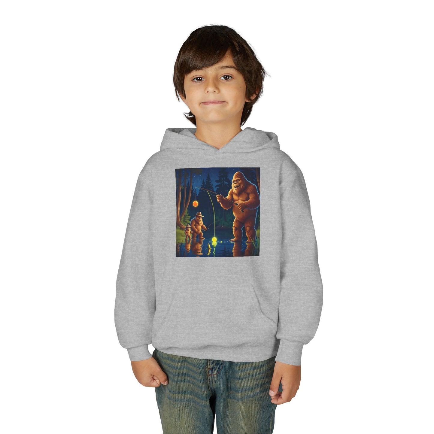 Bigfoot Fishing Youth Hoodie, Adventure Sweatshirt, Outdoor Fun, Gift for Kids, Bigfoot Lovers, Hooded Sweatshirt for Camping