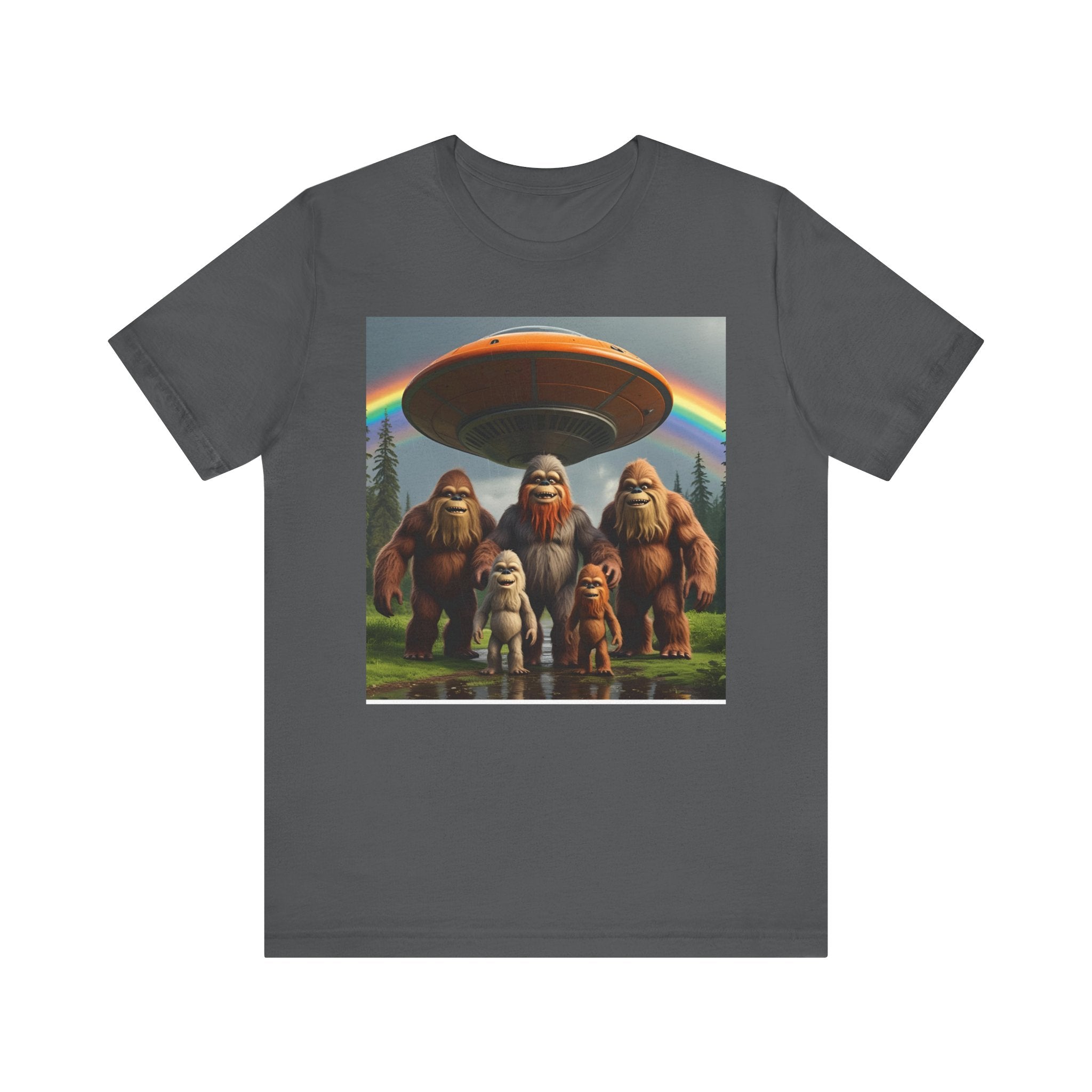 Bigfoot and Aliens Tee, Unisex Jersey Tee, Funny Graphic Shirt, UFO Lover Gift, Outdoor Adventure Apparel