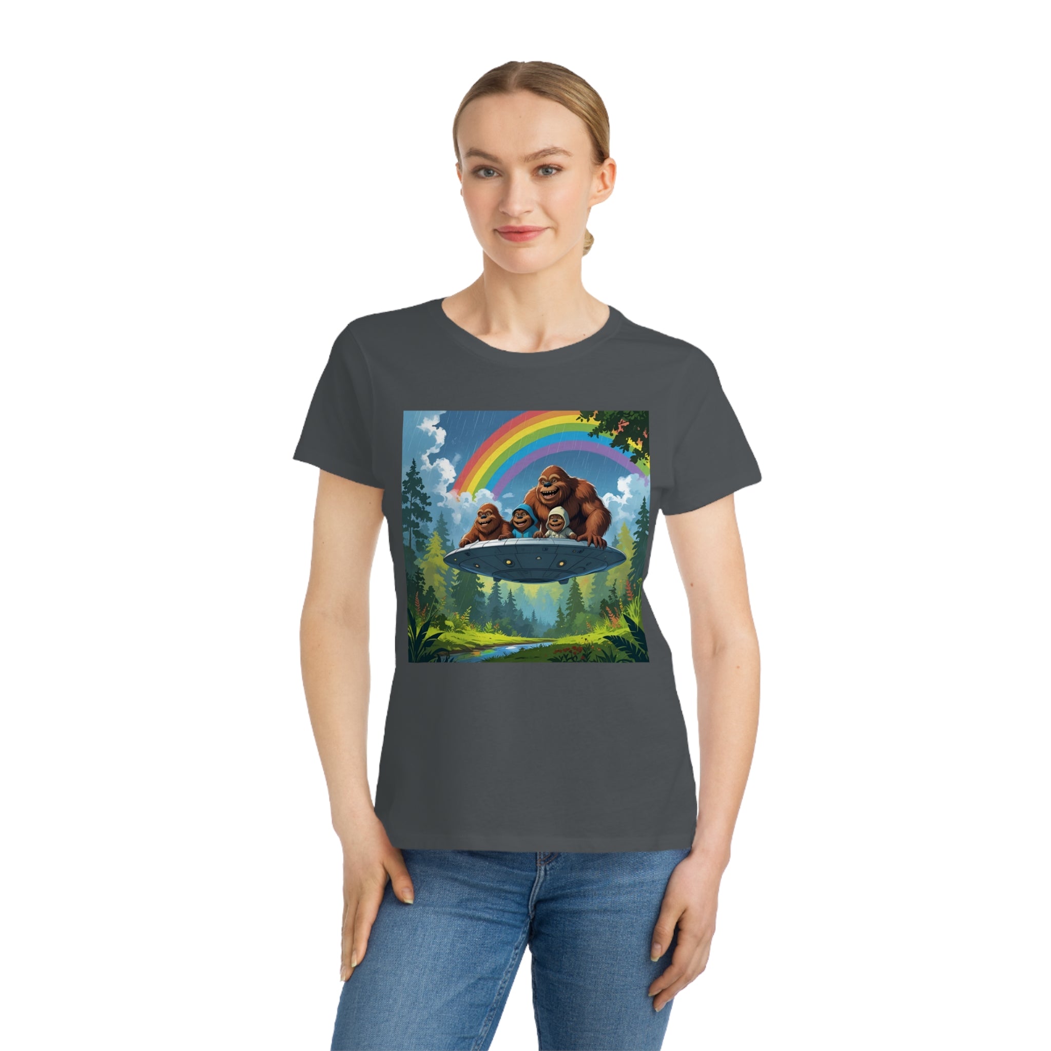 Whimsical Bigfoot Adventure T-Shirt, Fun Women's Tee, Summer Fashion, Hiking Gift, Rainbow Art Tee, Casual Wear, Nature Lover Shirt