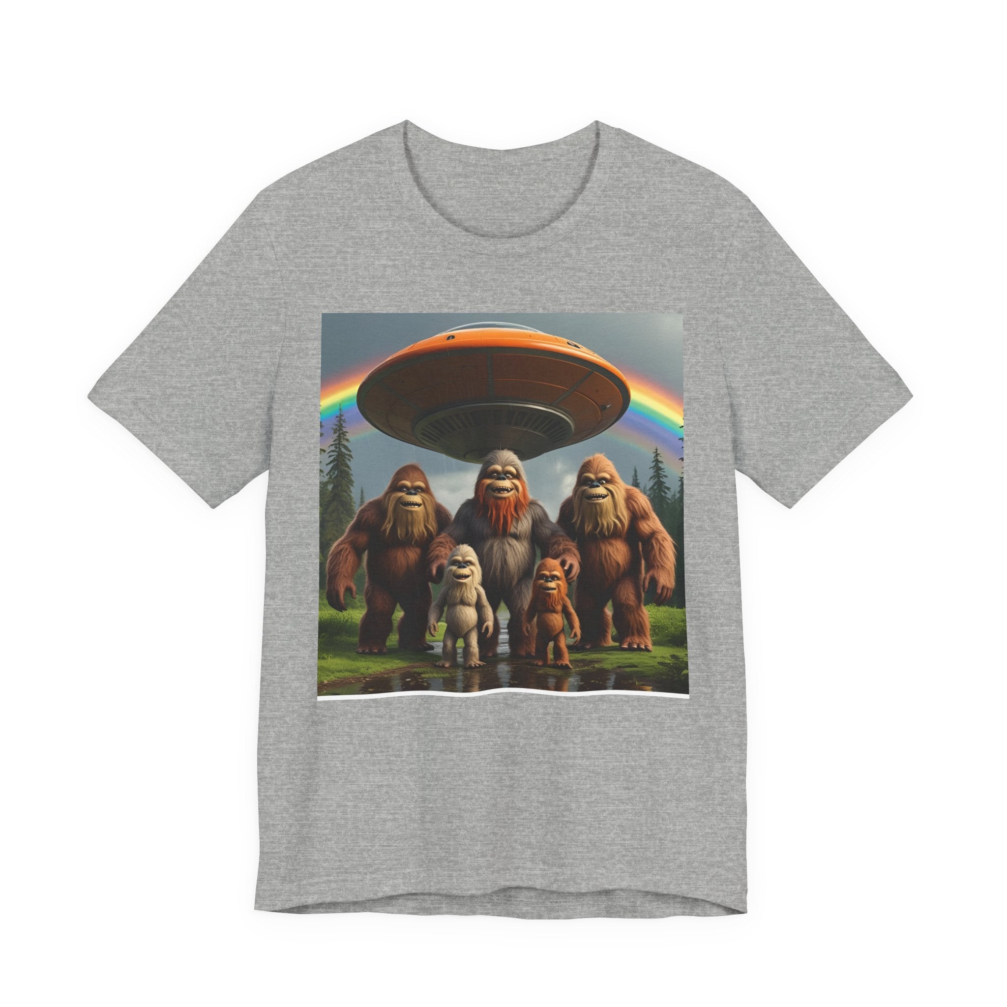 Bigfoot and Aliens Tee, Unisex Jersey Tee, Funny Graphic Shirt, UFO Lover Gift, Outdoor Adventure Apparel