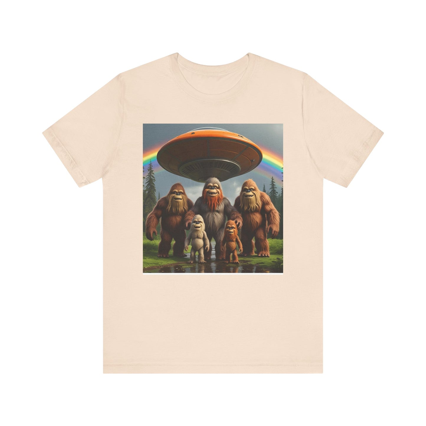 Bigfoot and Aliens Tee, Unisex Jersey Tee, Funny Graphic Shirt, UFO Lover Gift, Outdoor Adventure Apparel