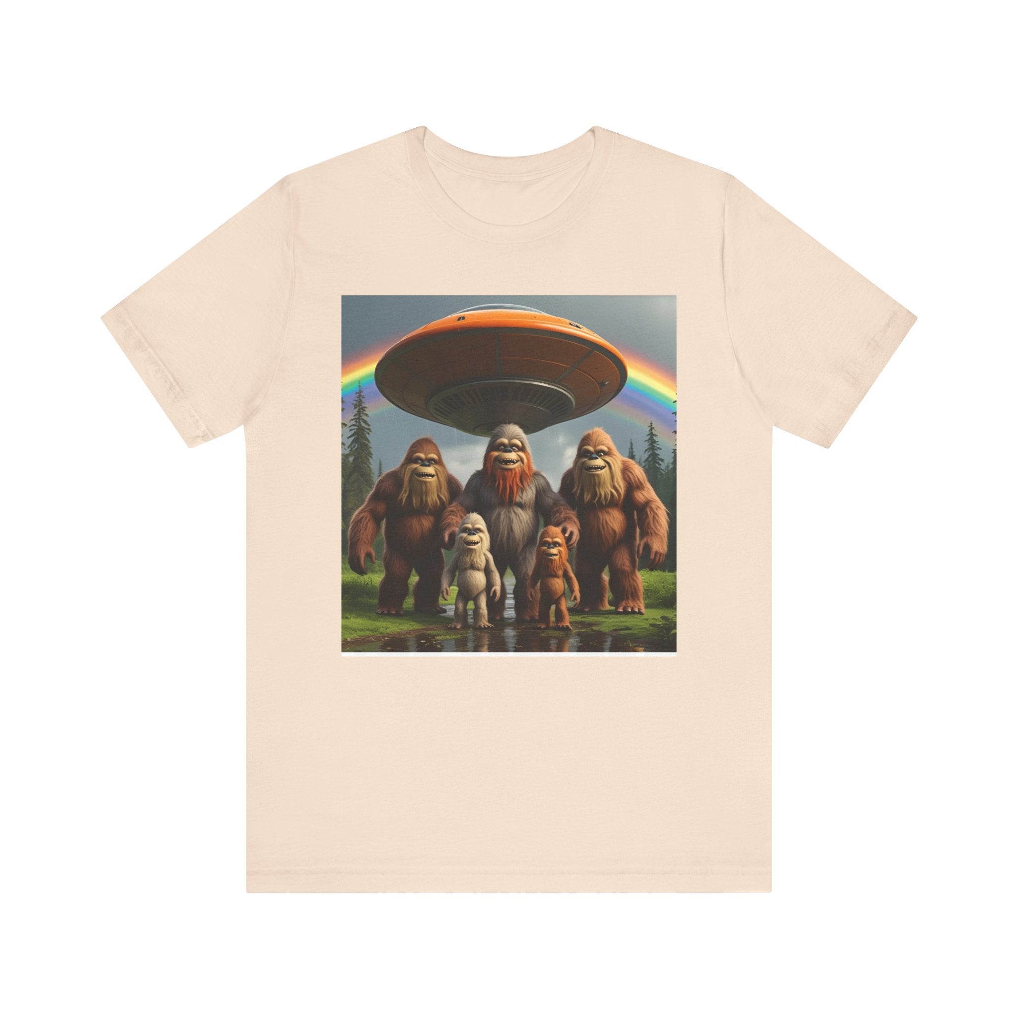 Bigfoot and Aliens Tee, Unisex Jersey Tee, Funny Graphic Shirt, UFO Lover Gift, Outdoor Adventure Apparel
