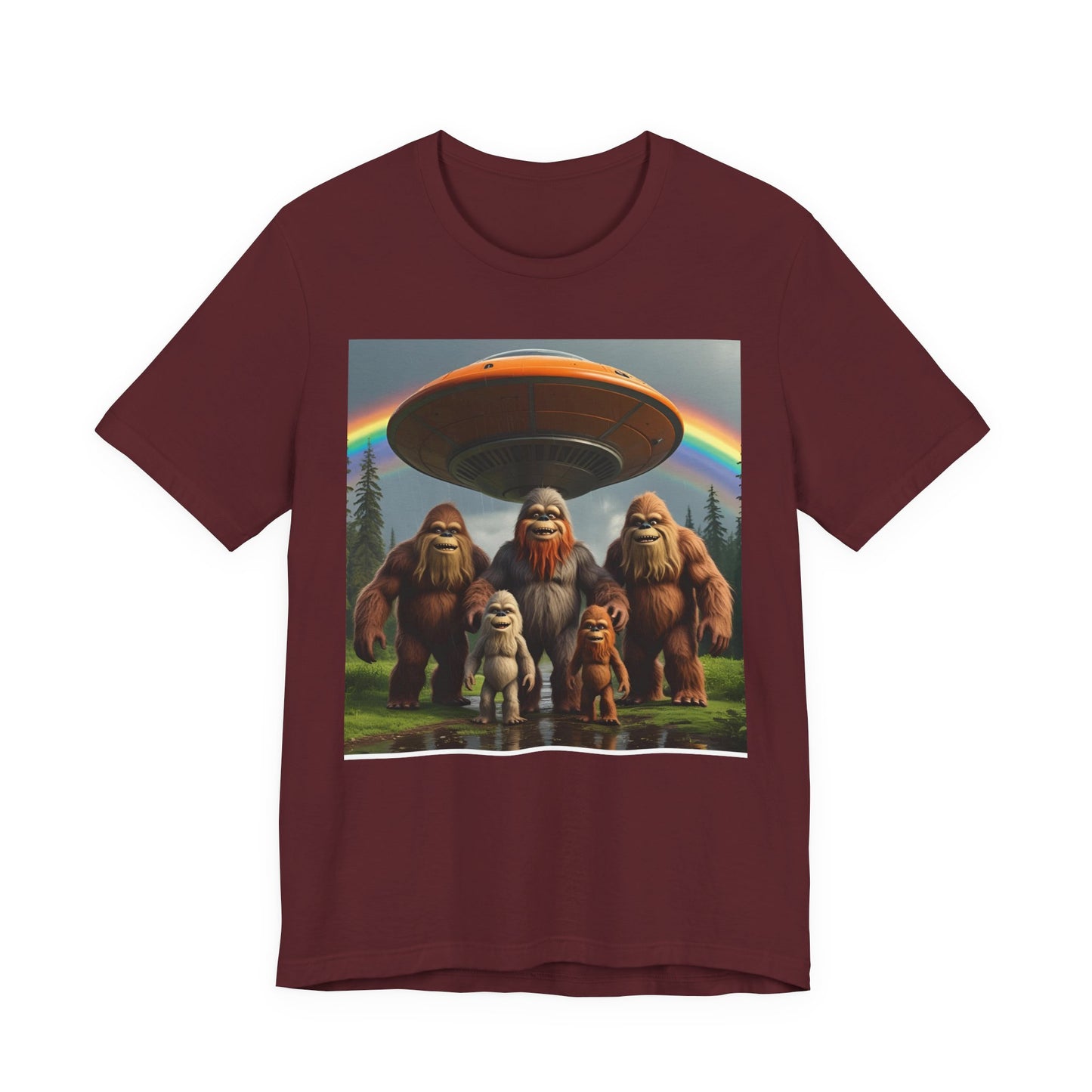 Bigfoot and Aliens Tee, Unisex Jersey Tee, Funny Graphic Shirt, UFO Lover Gift, Outdoor Adventure Apparel