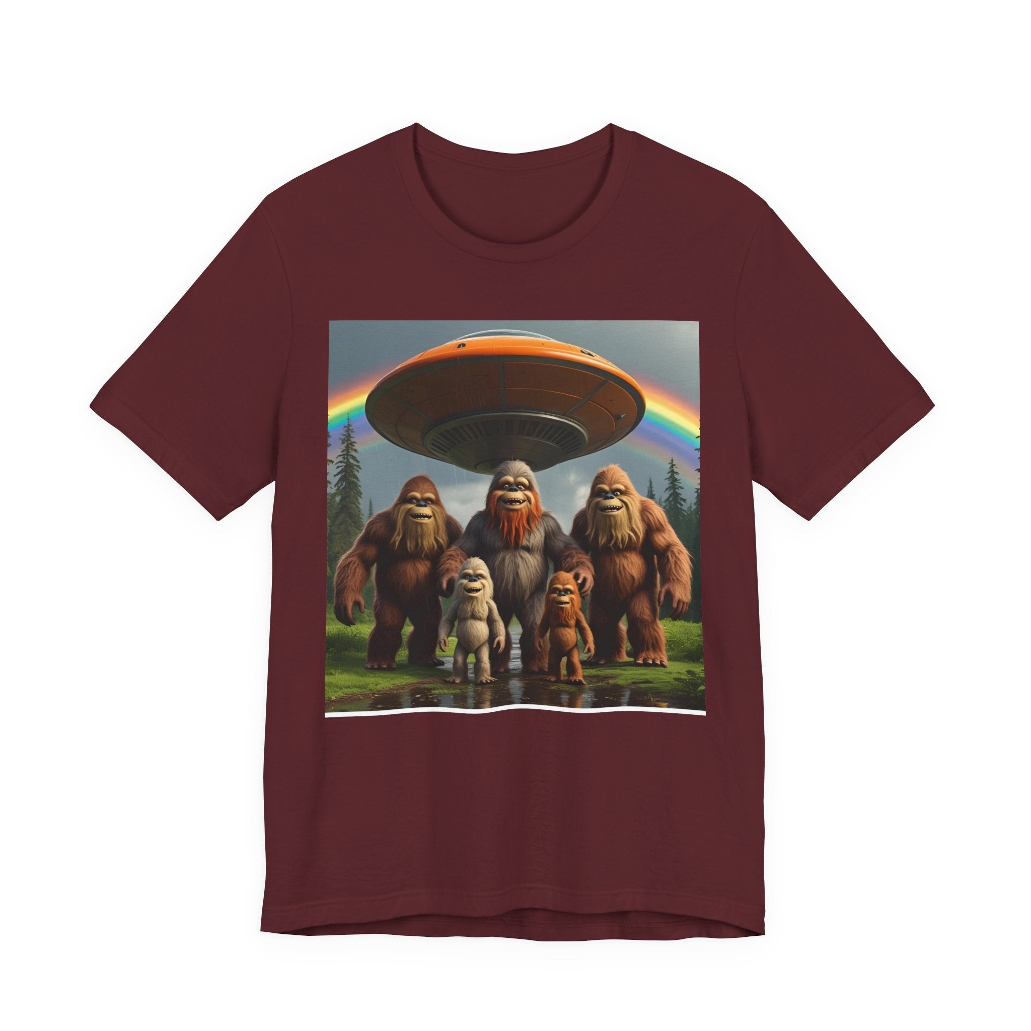 Bigfoot and Aliens Tee, Unisex Jersey Tee, Funny Graphic Shirt, UFO Lover Gift, Outdoor Adventure Apparel