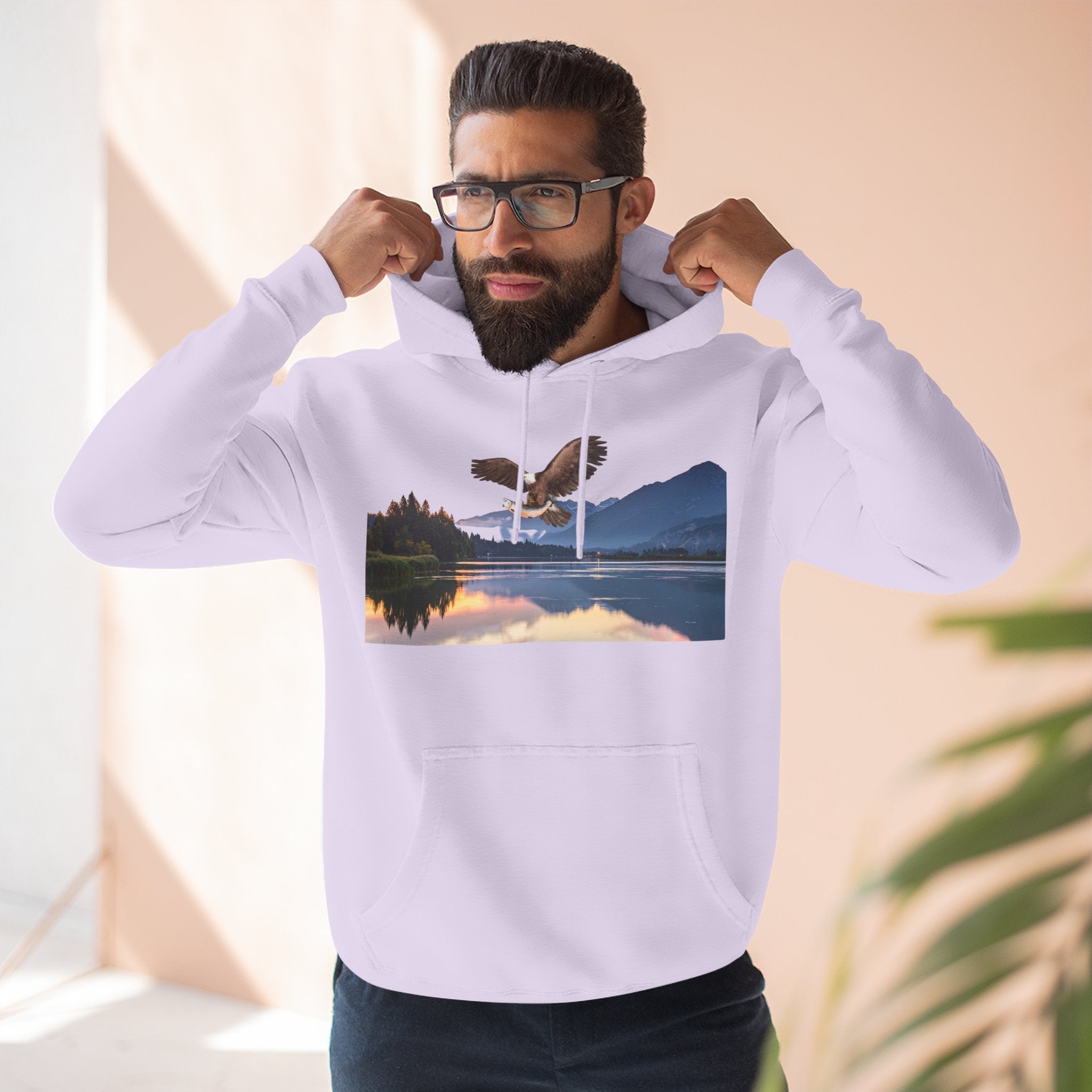 Sunset Lake Eagle Hoodie - Nature Landscape Fleece Pullover