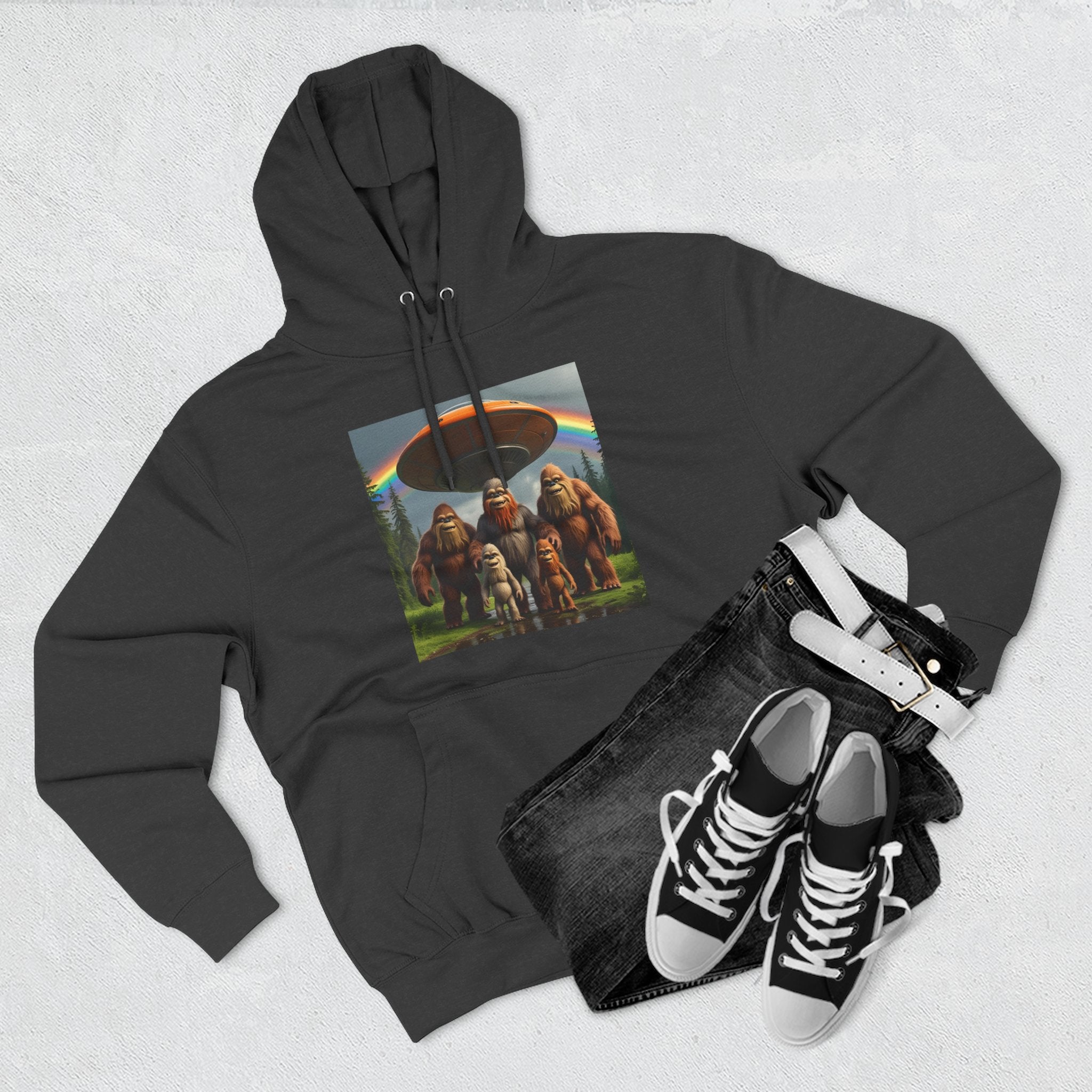 Sasquatch Family Rainbow Hoodie — Retro Bigfoot Graphic Pullover