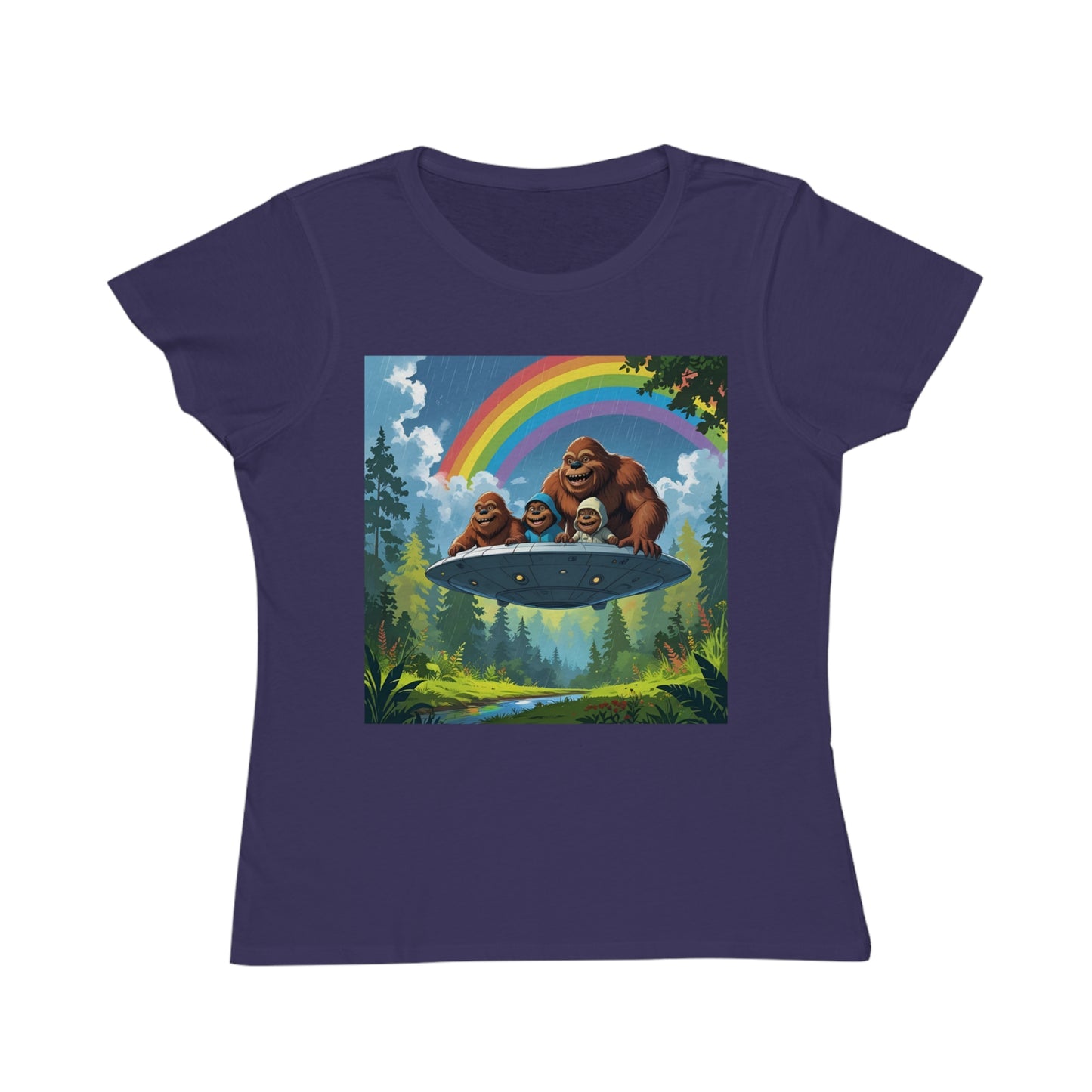 Whimsical Bigfoot Adventure T-Shirt, Fun Women's Tee, Summer Fashion, Hiking Gift, Rainbow Art Tee, Casual Wear, Nature Lover Shirt