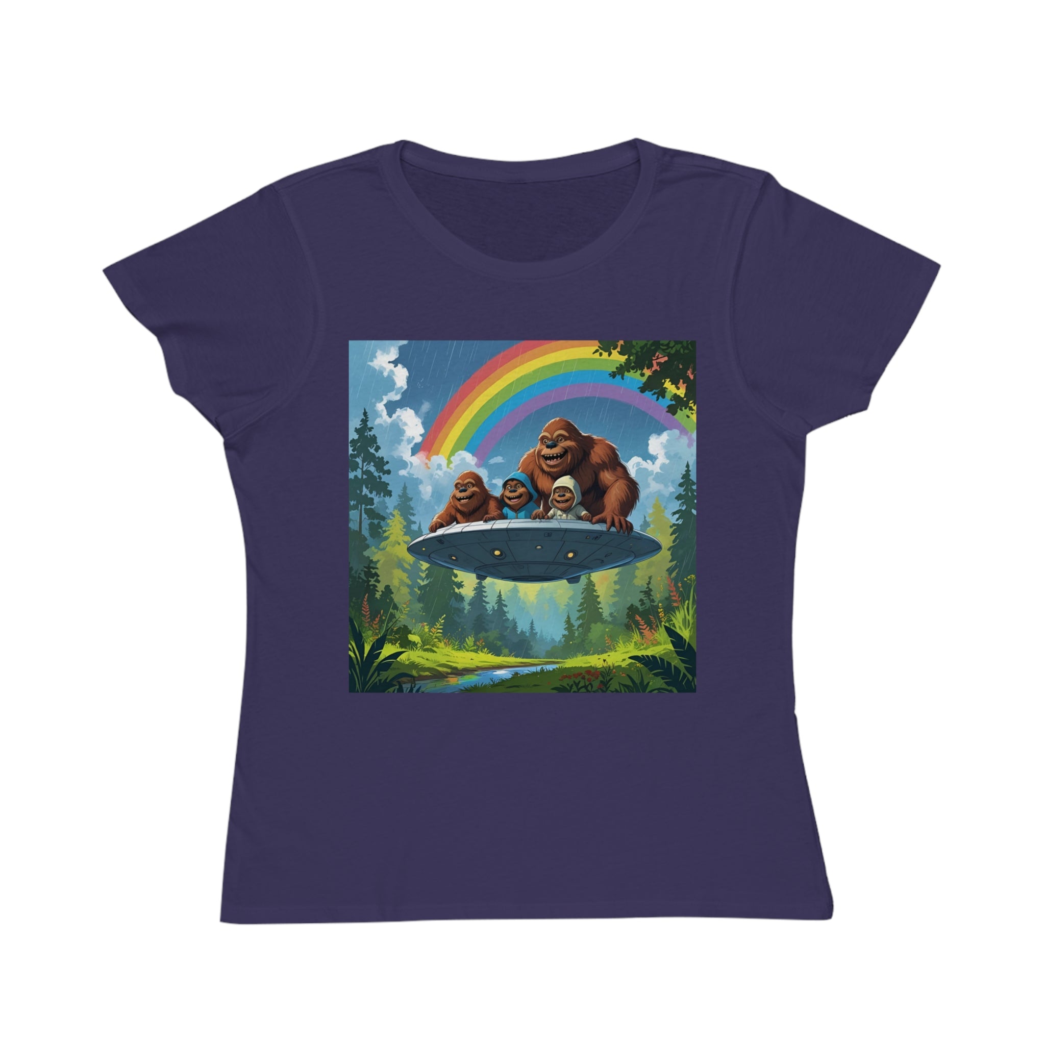 Whimsical Bigfoot Adventure T-Shirt, Fun Women's Tee, Summer Fashion, Hiking Gift, Rainbow Art Tee, Casual Wear, Nature Lover Shirt