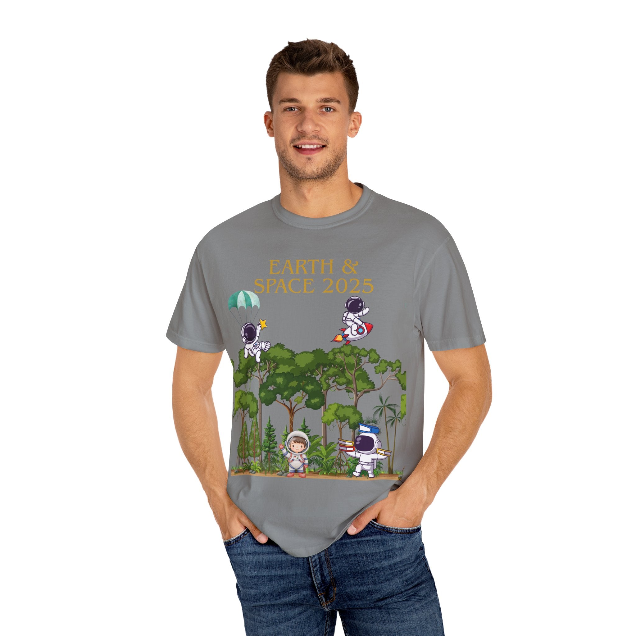 Earth & Space 2025 Unisex T-shirt, Cute Astronaut Tee, Nature Lover Shirt, Space Exploration Gift, Eco-Friendly Tee