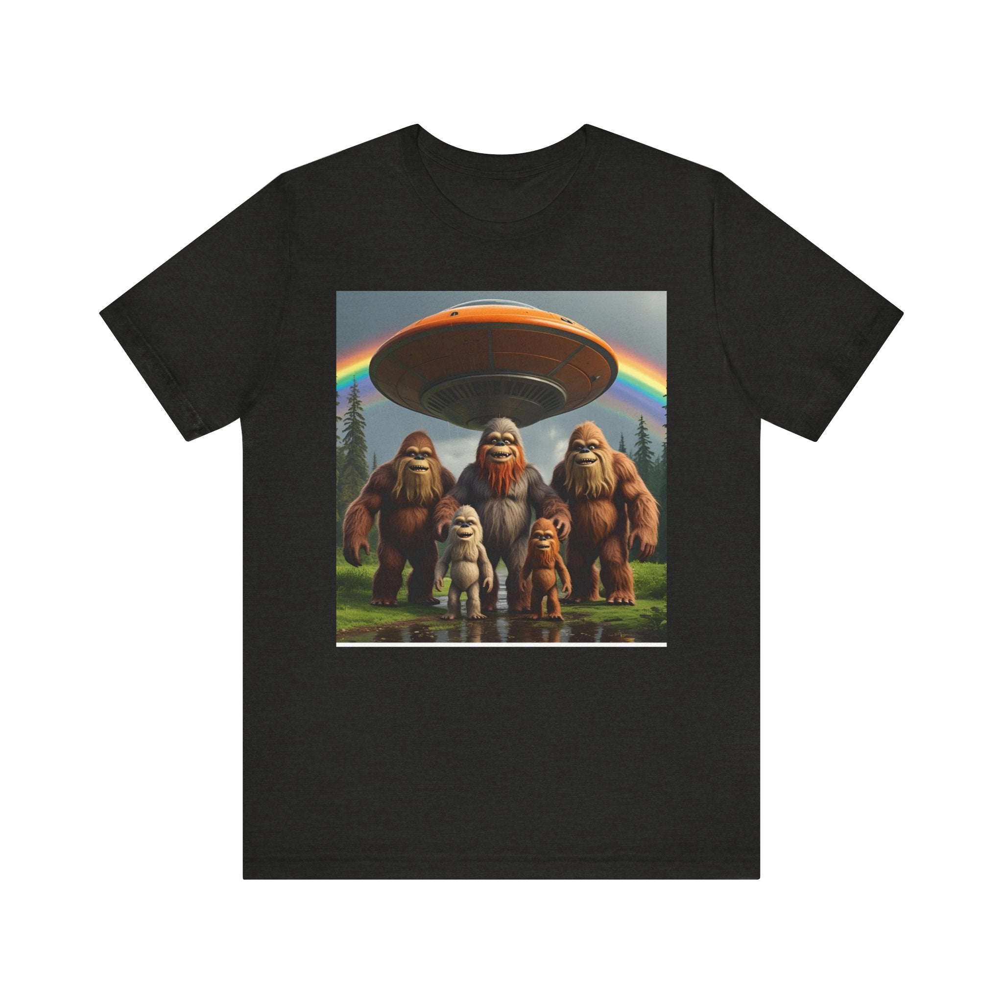 Bigfoot and Aliens Tee, Unisex Jersey Tee, Funny Graphic Shirt, UFO Lover Gift, Outdoor Adventure Apparel