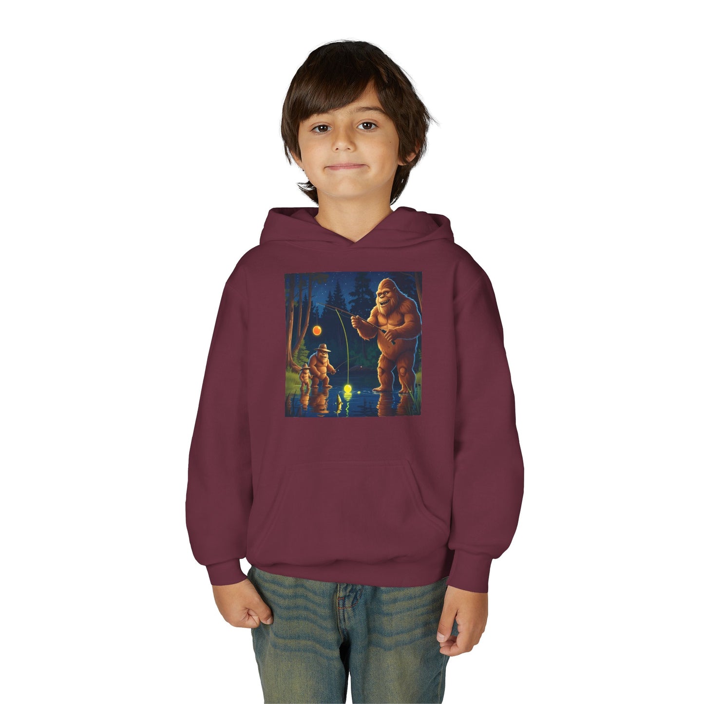 Bigfoot Fishing Youth Hoodie, Adventure Sweatshirt, Outdoor Fun, Gift for Kids, Bigfoot Lovers, Hooded Sweatshirt for Camping