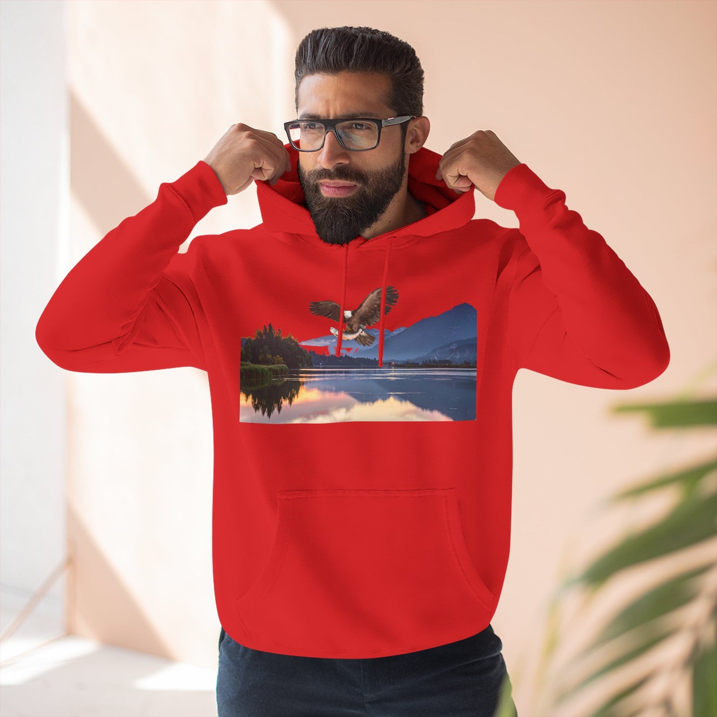 Sunset Lake Eagle Hoodie - Nature Landscape Fleece Pullover