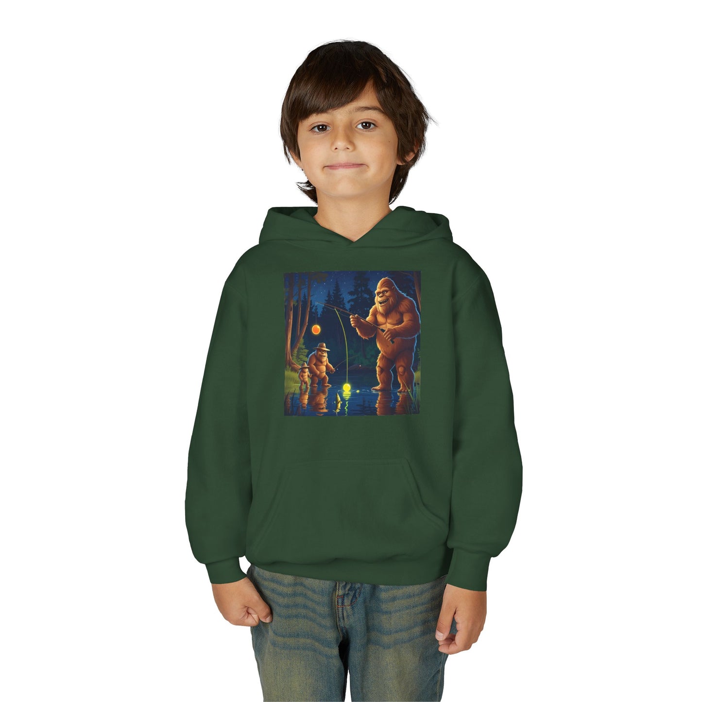 Bigfoot Fishing Youth Hoodie, Adventure Sweatshirt, Outdoor Fun, Gift for Kids, Bigfoot Lovers, Hooded Sweatshirt for Camping