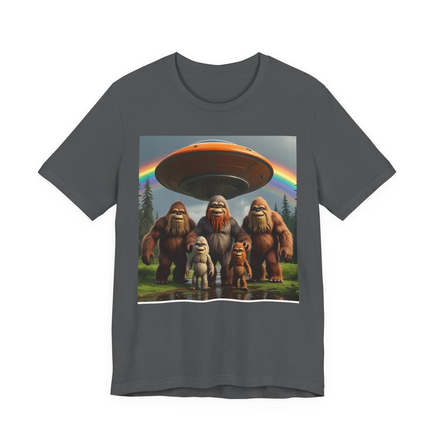 Bigfoot and Aliens Tee, Unisex Jersey Tee, Funny Graphic Shirt, UFO Lover Gift, Outdoor Adventure Apparel