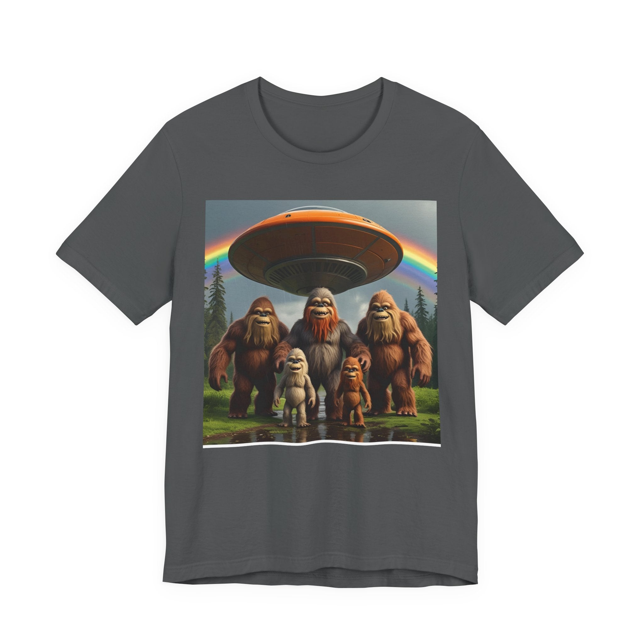 Bigfoot and Aliens Tee, Unisex Jersey Tee, Funny Graphic Shirt, UFO Lover Gift, Outdoor Adventure Apparel