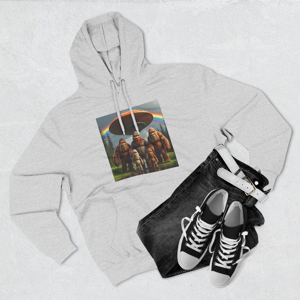 Sasquatch Family Rainbow Hoodie — Retro Bigfoot Graphic Pullover
