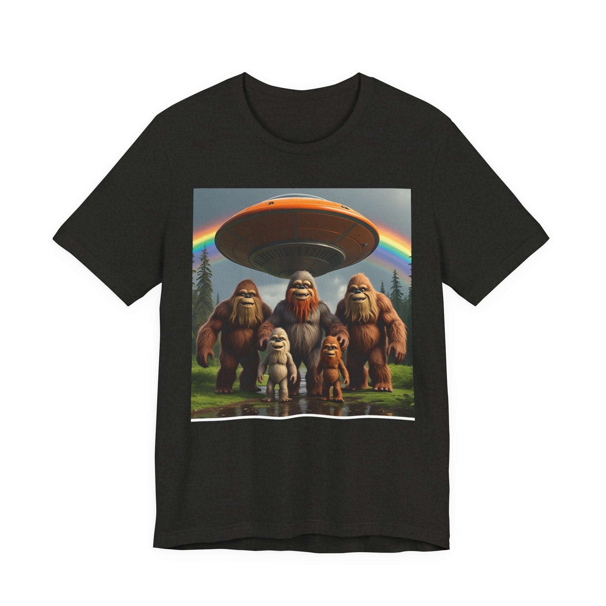 Bigfoot and Aliens Tee, Unisex Jersey Tee, Funny Graphic Shirt, UFO Lover Gift, Outdoor Adventure Apparel