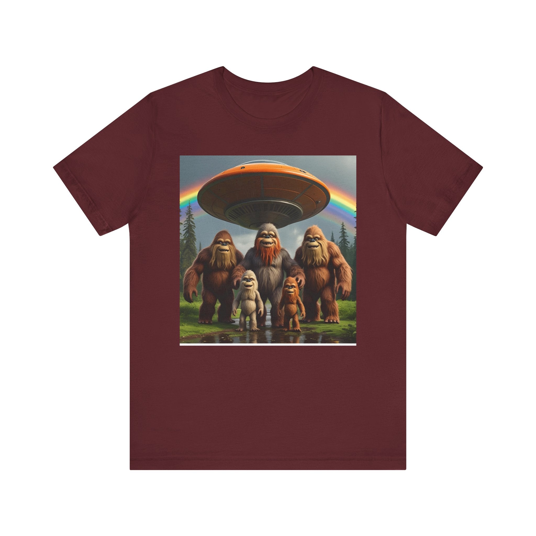 Bigfoot and Aliens Tee, Unisex Jersey Tee, Funny Graphic Shirt, UFO Lover Gift, Outdoor Adventure Apparel