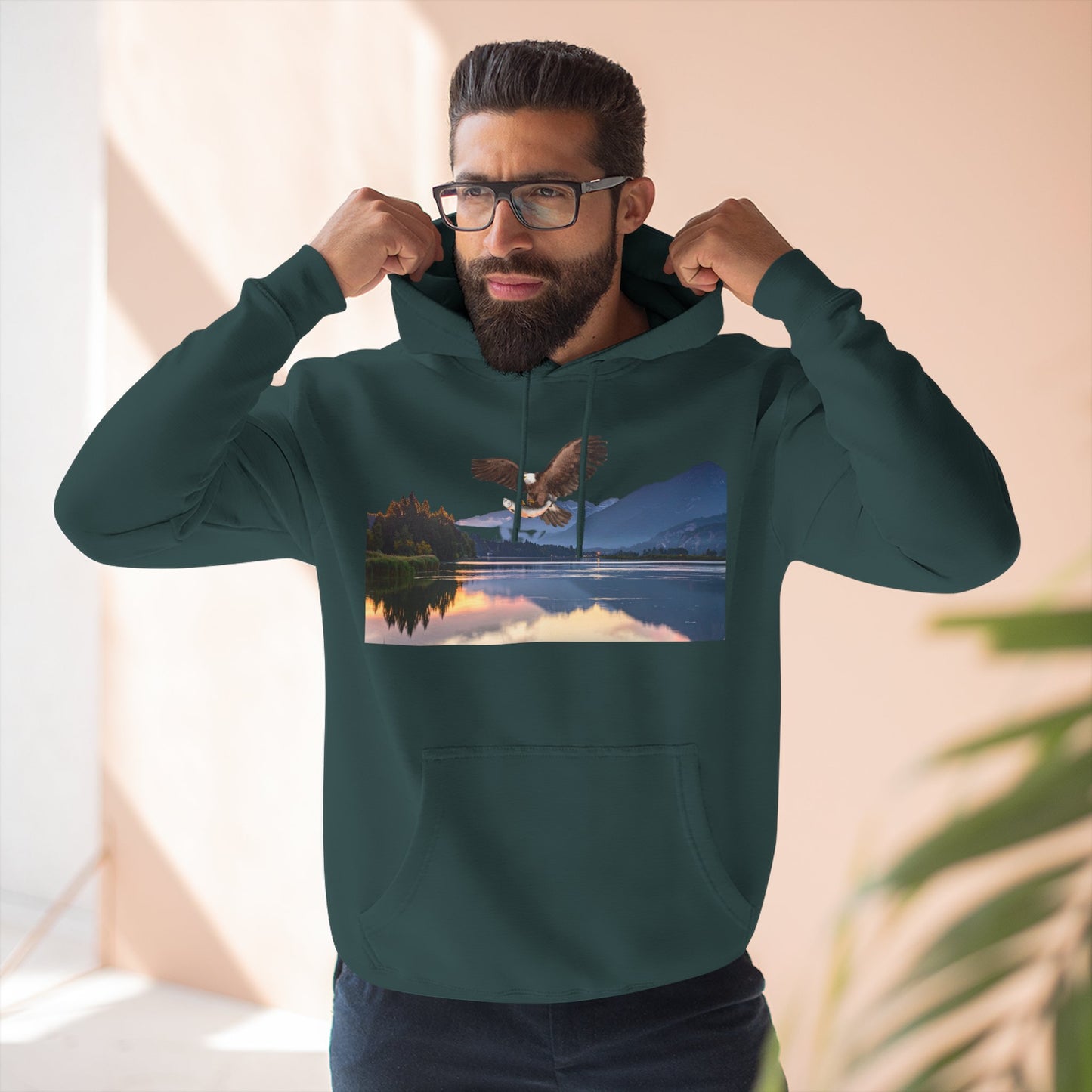 Sunset Lake Eagle Hoodie - Nature Landscape Fleece Pullover