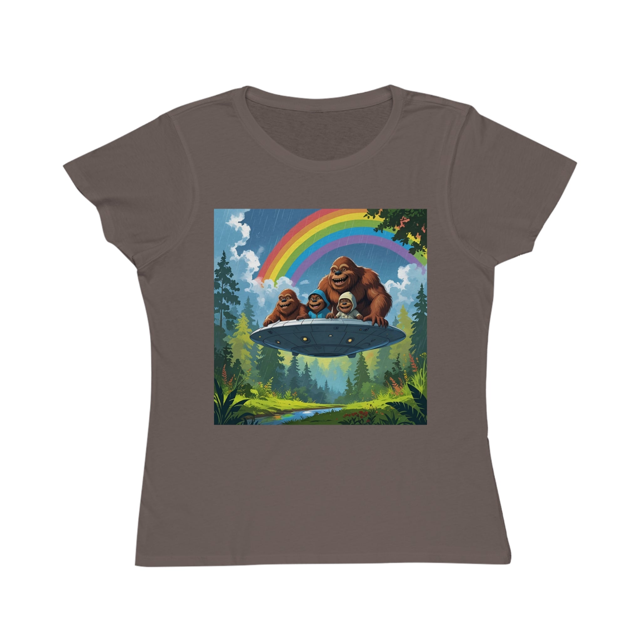 Whimsical Bigfoot Adventure T-Shirt, Fun Women's Tee, Summer Fashion, Hiking Gift, Rainbow Art Tee, Casual Wear, Nature Lover Shirt