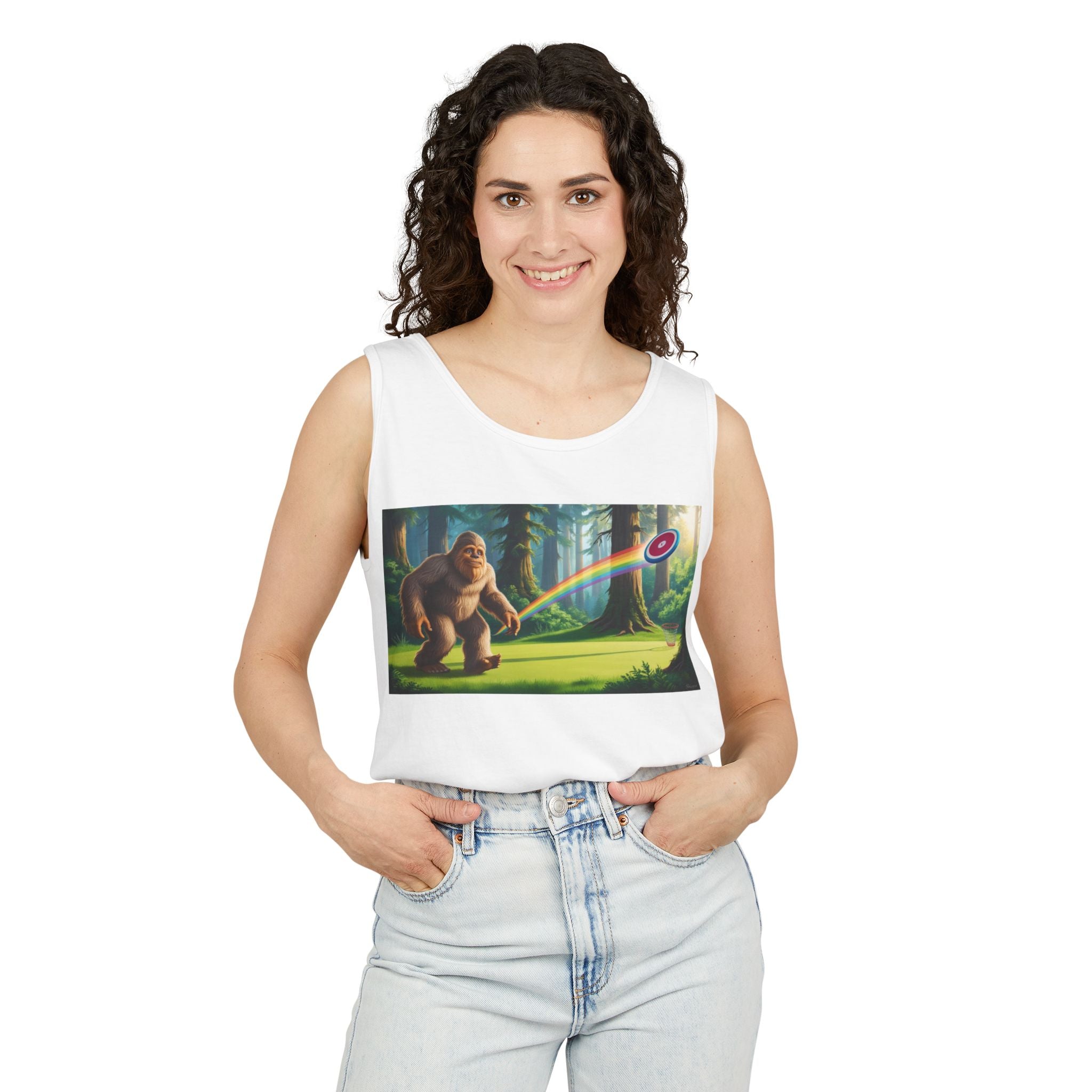 Adventurous Bigfoot Rainbow Tank Top, Unisex Summer Top, Eco-Friendly Gift, Outdoor Wear, Fun Hiking Apparel