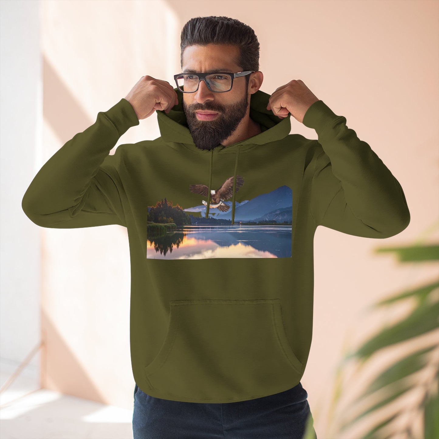 Sunset Lake Eagle Hoodie - Nature Landscape Fleece Pullover