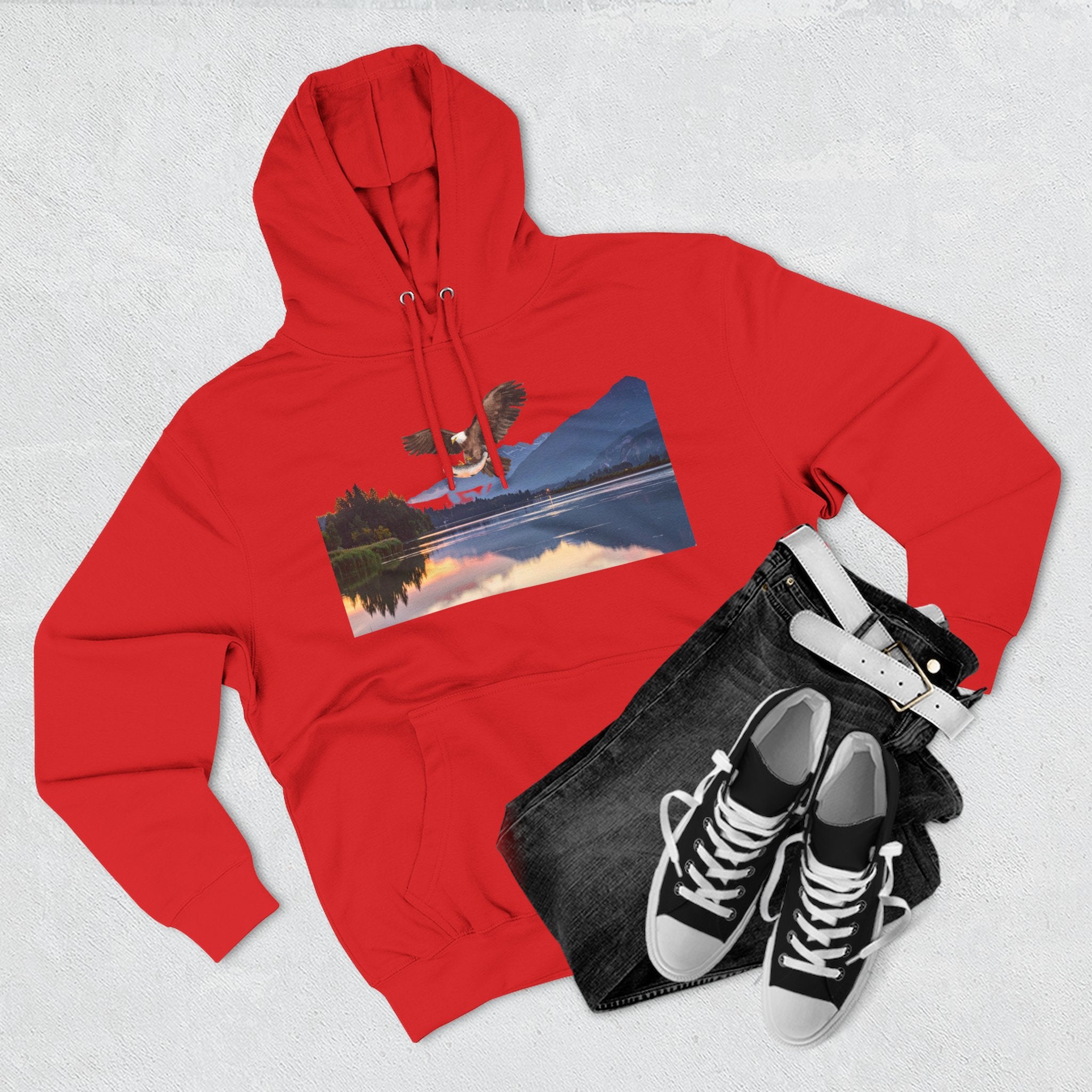 Sunset Lake Eagle Hoodie - Nature Landscape Fleece Pullover