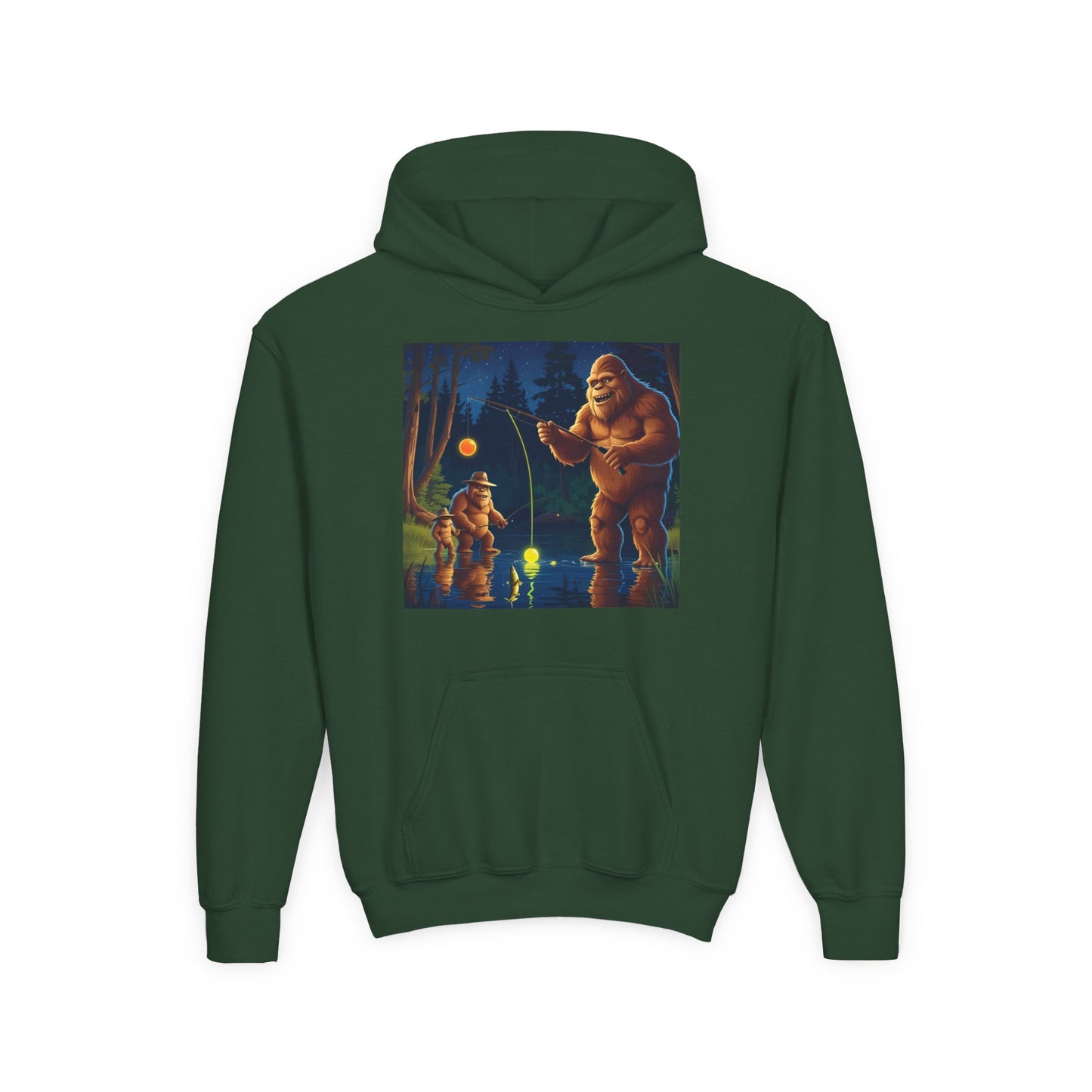 Bigfoot Fishing Youth Hoodie, Adventure Sweatshirt, Outdoor Fun, Gift for Kids, Bigfoot Lovers, Hooded Sweatshirt for Camping