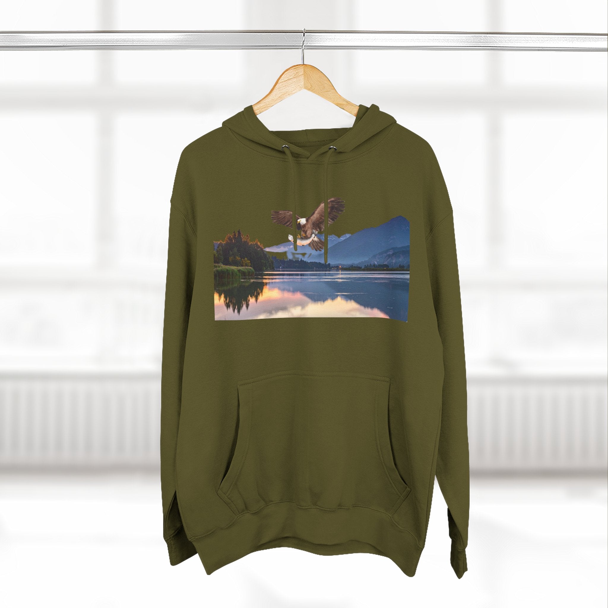 Sunset Lake Eagle Hoodie - Nature Landscape Fleece Pullover
