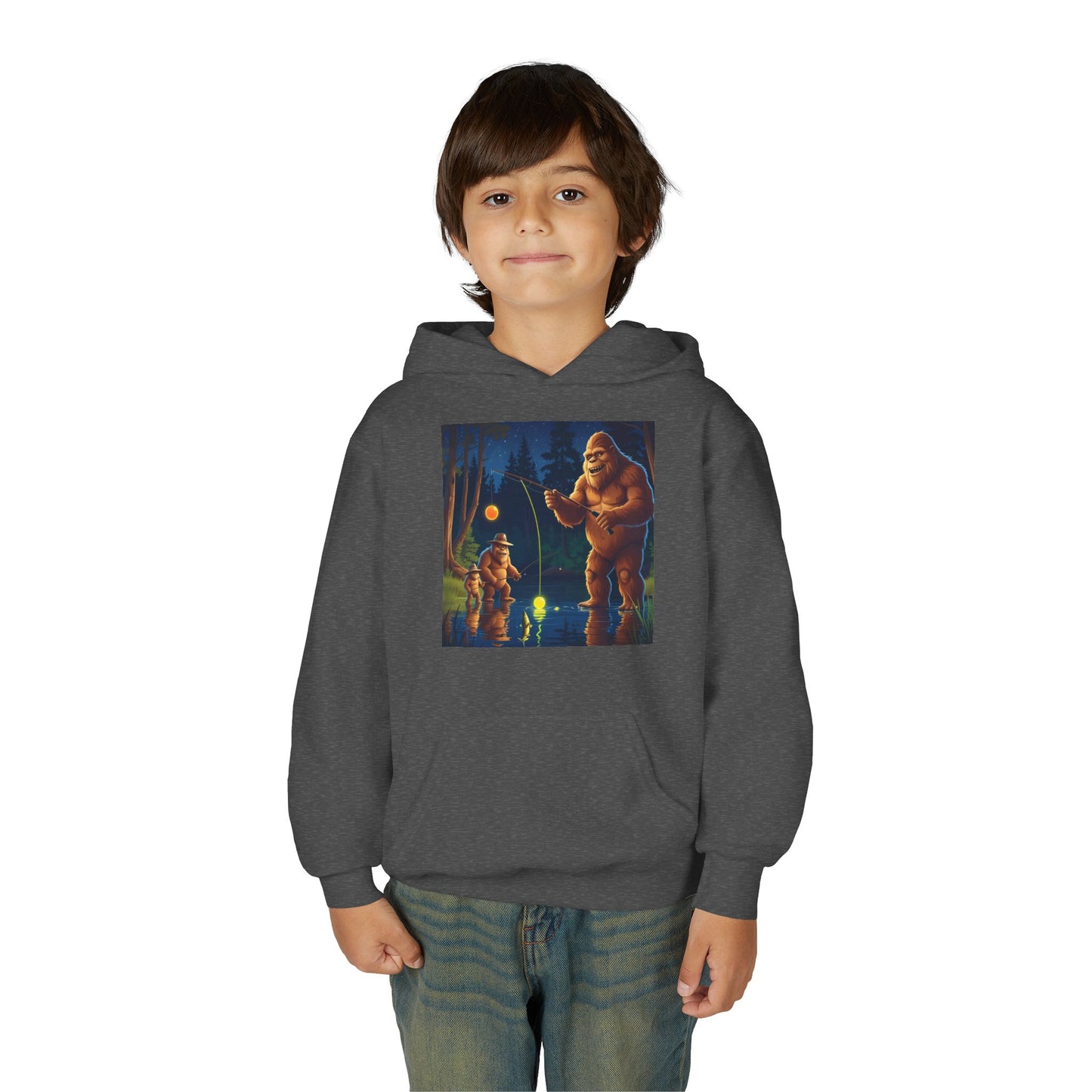 Bigfoot Fishing Youth Hoodie, Adventure Sweatshirt, Outdoor Fun, Gift for Kids, Bigfoot Lovers, Hooded Sweatshirt for Camping