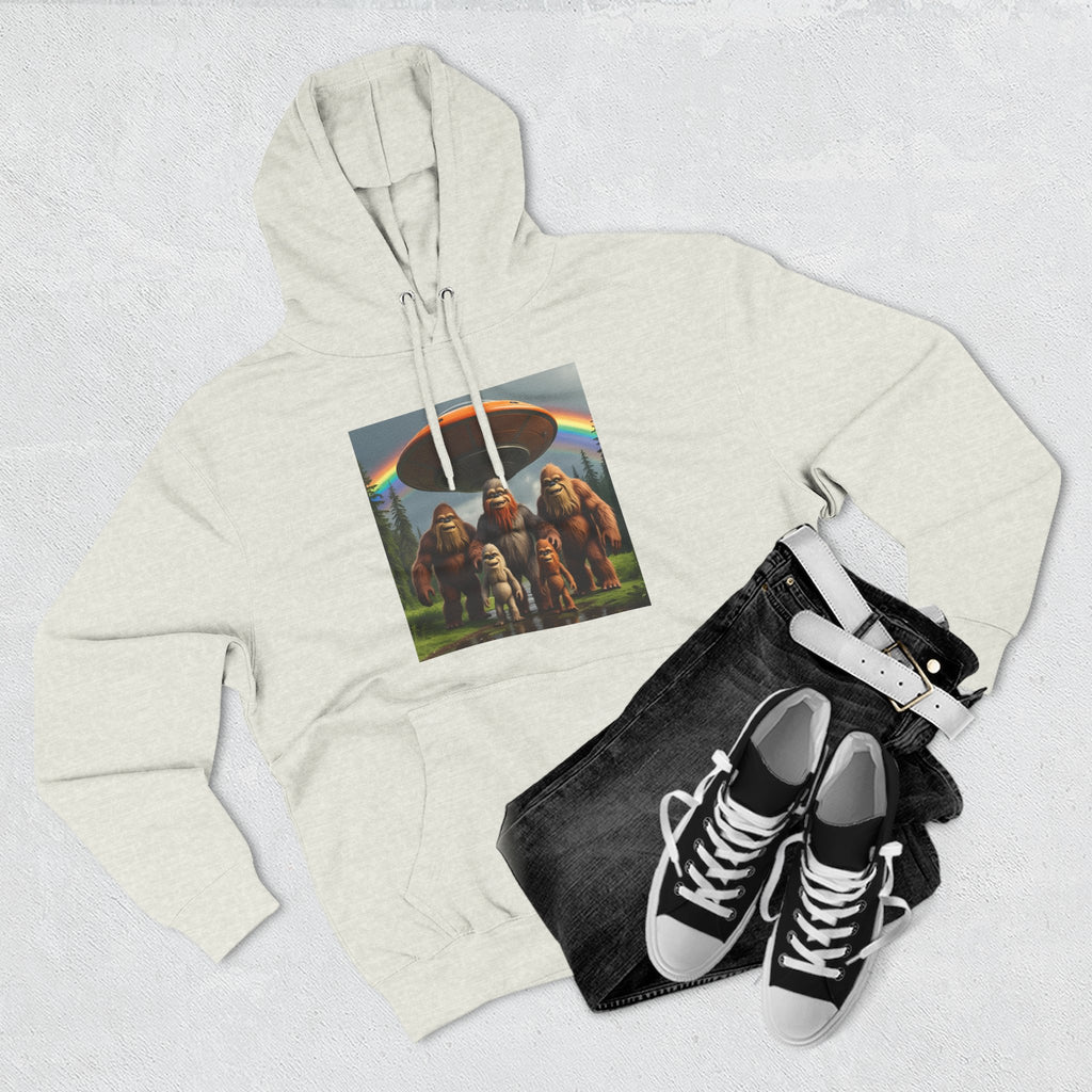 Sasquatch Family Rainbow Hoodie — Retro Bigfoot Graphic Pullover