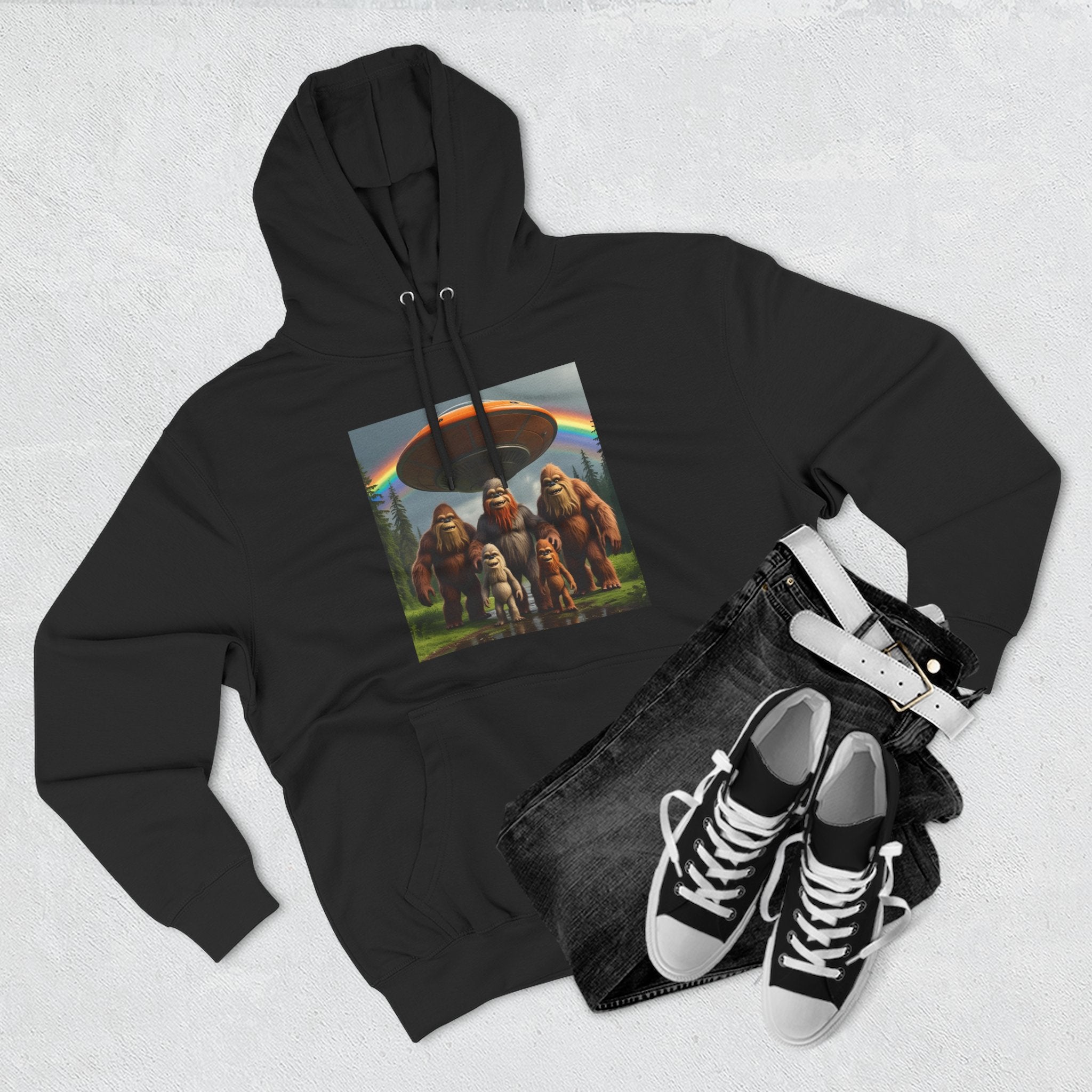Sasquatch Family Rainbow Hoodie — Retro Bigfoot Graphic Pullover